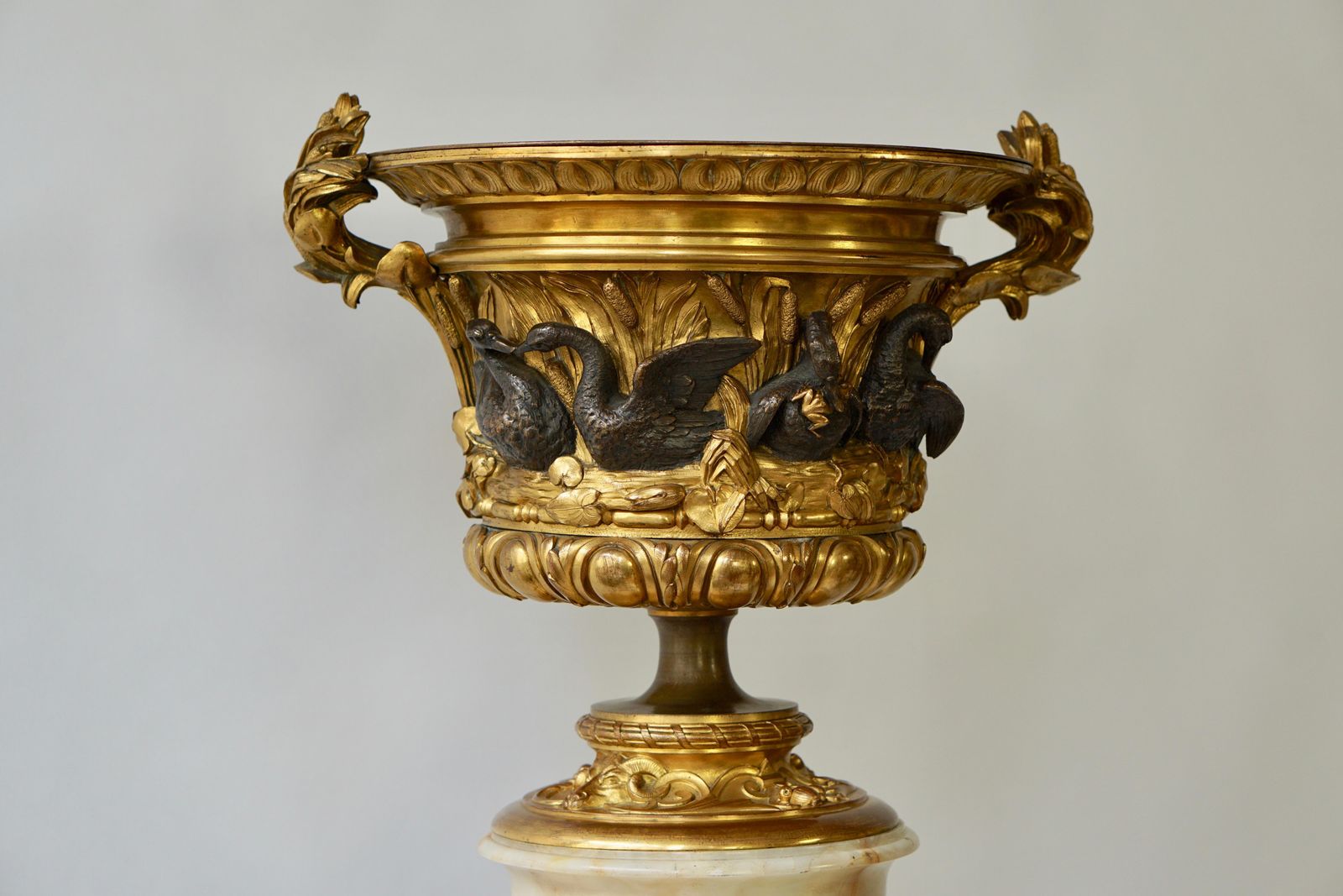 9524.0 Exceptional Napoleon III Gilt Bronze And Onyx Swan Centerpiece Urn, France photo