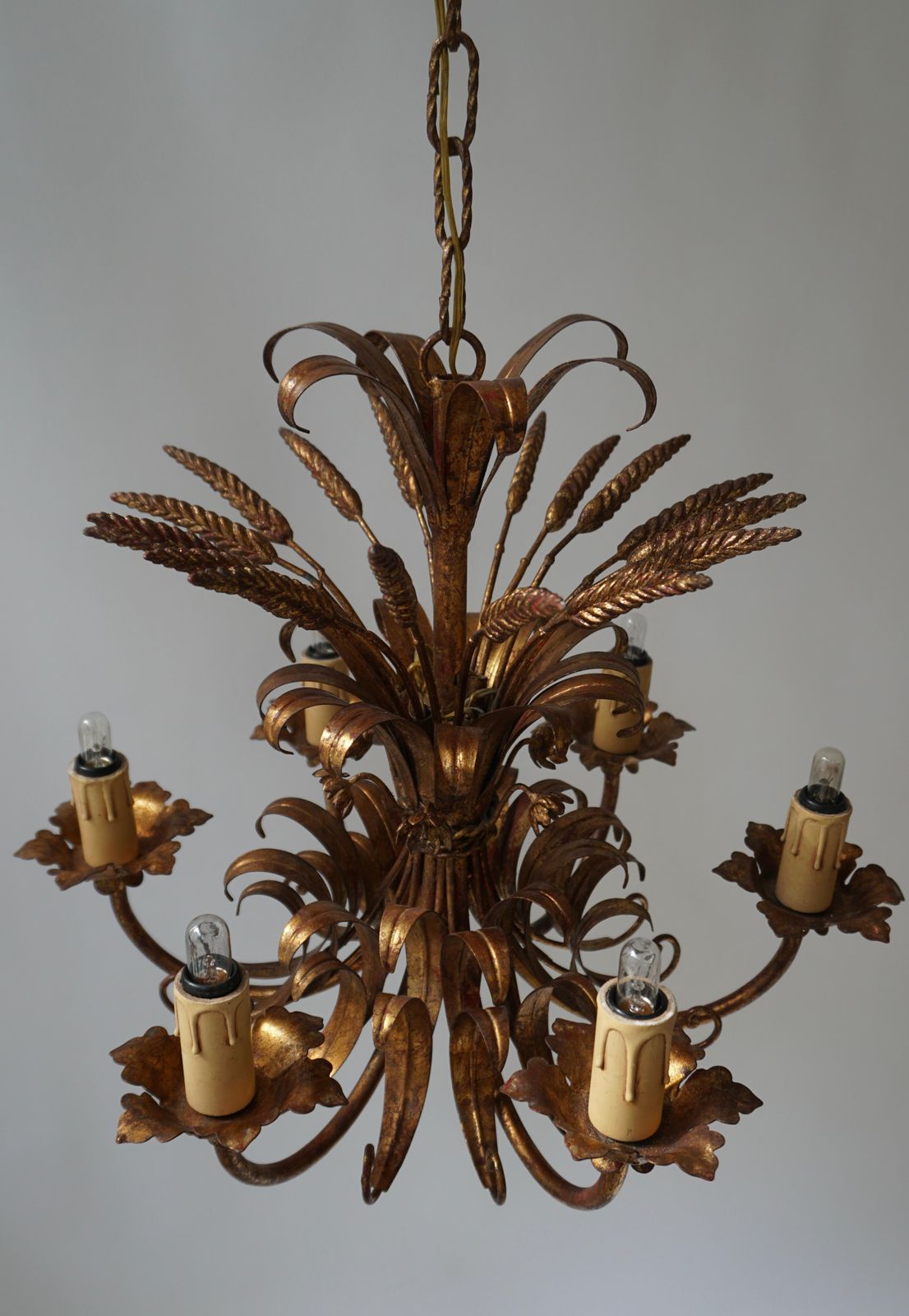 Italian Chandelier Pendant Light, Gilt Metal, 1970s photo vinterior