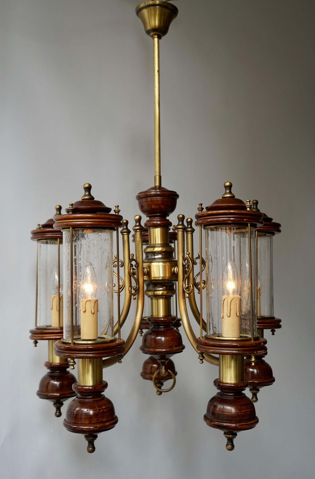 Chandelier Is Glass, Brass And Wood photo furniture
