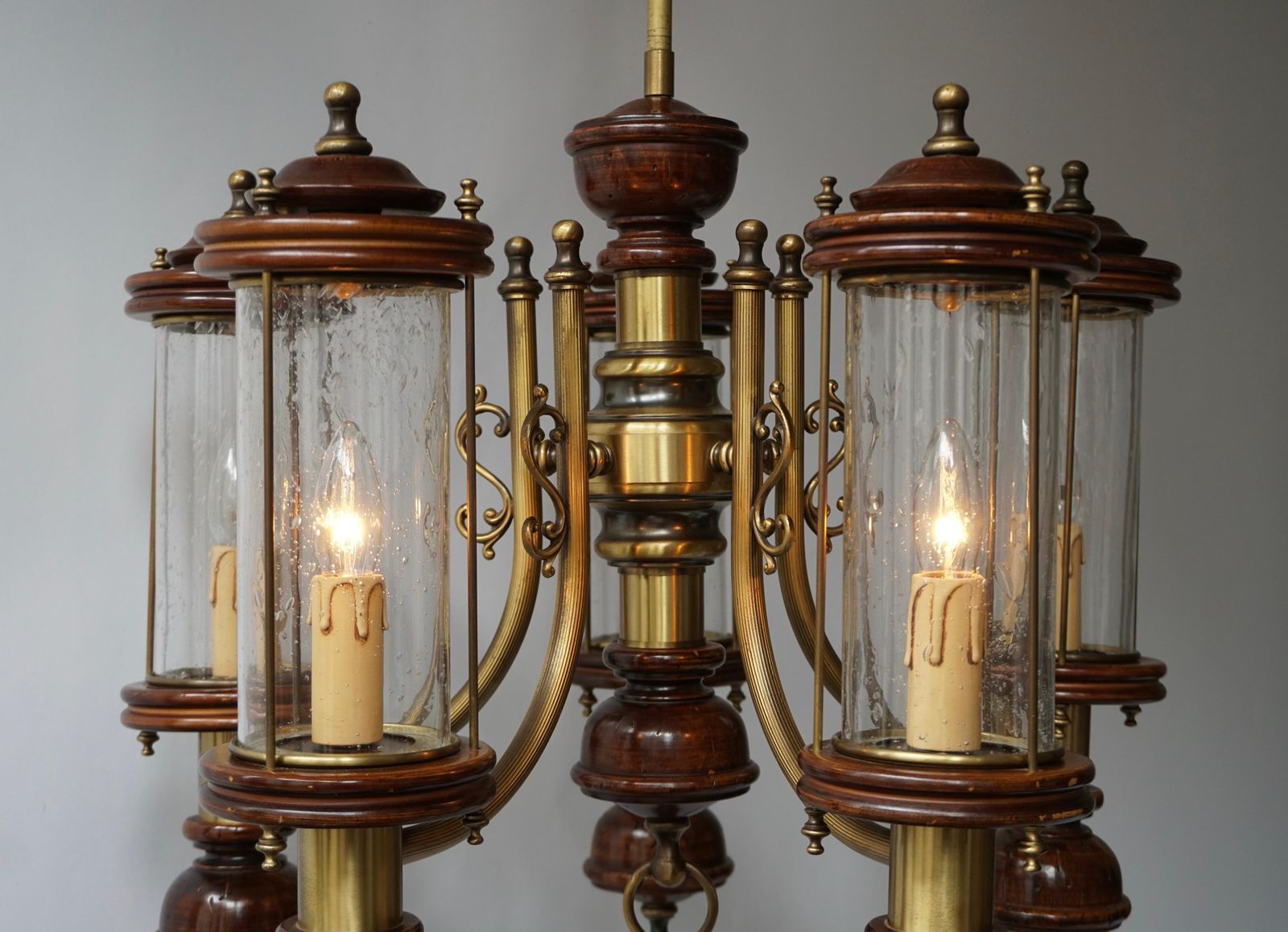 Chandelier Is Glass, Brass And Wood photo 2507.0