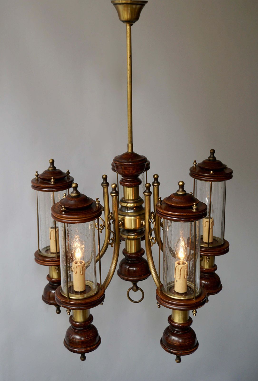 Chandelier Is Glass, Brass And Wood photo buy