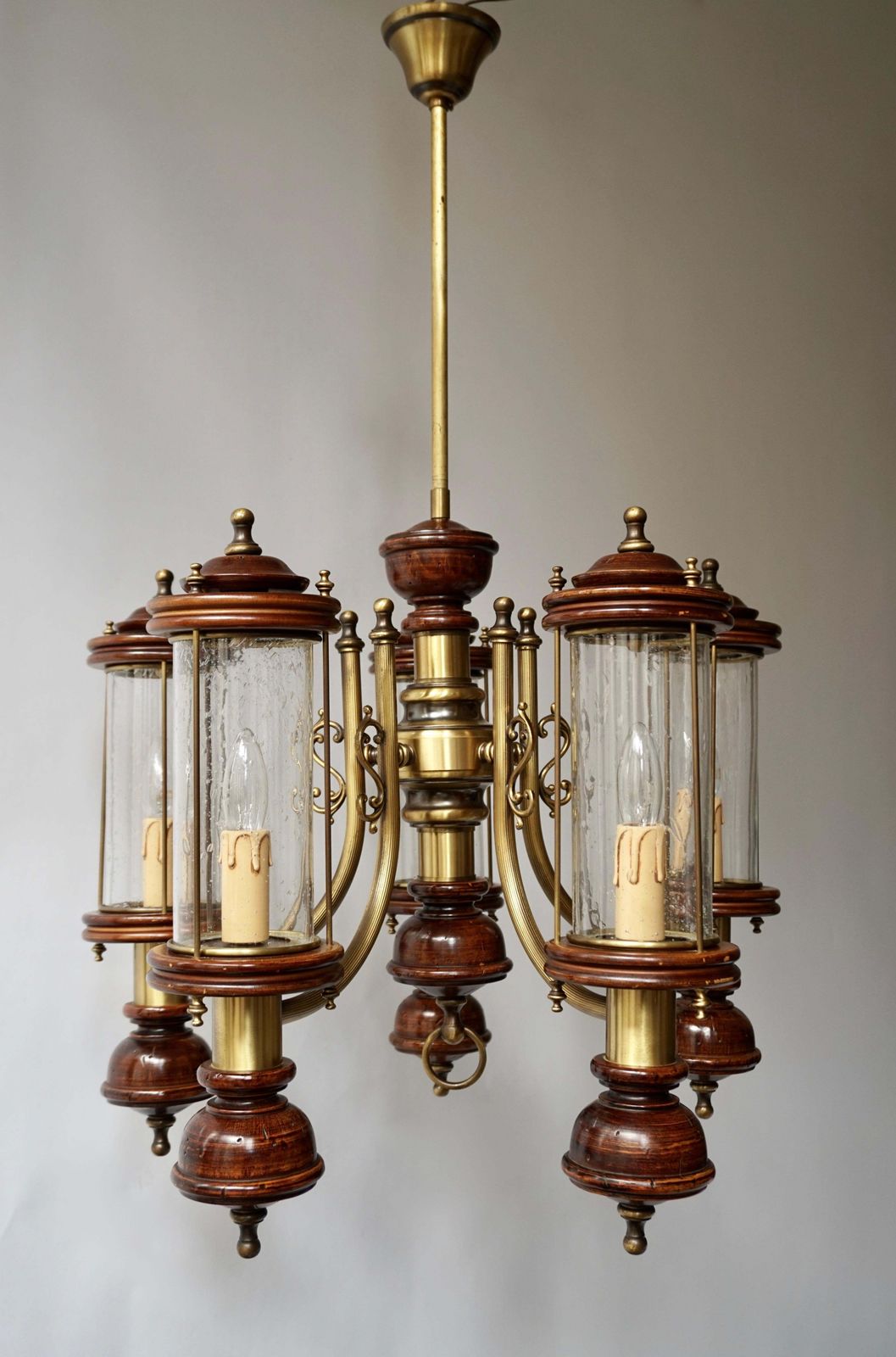 photo for sale Chandelier Is Glass, Brass And Wood
