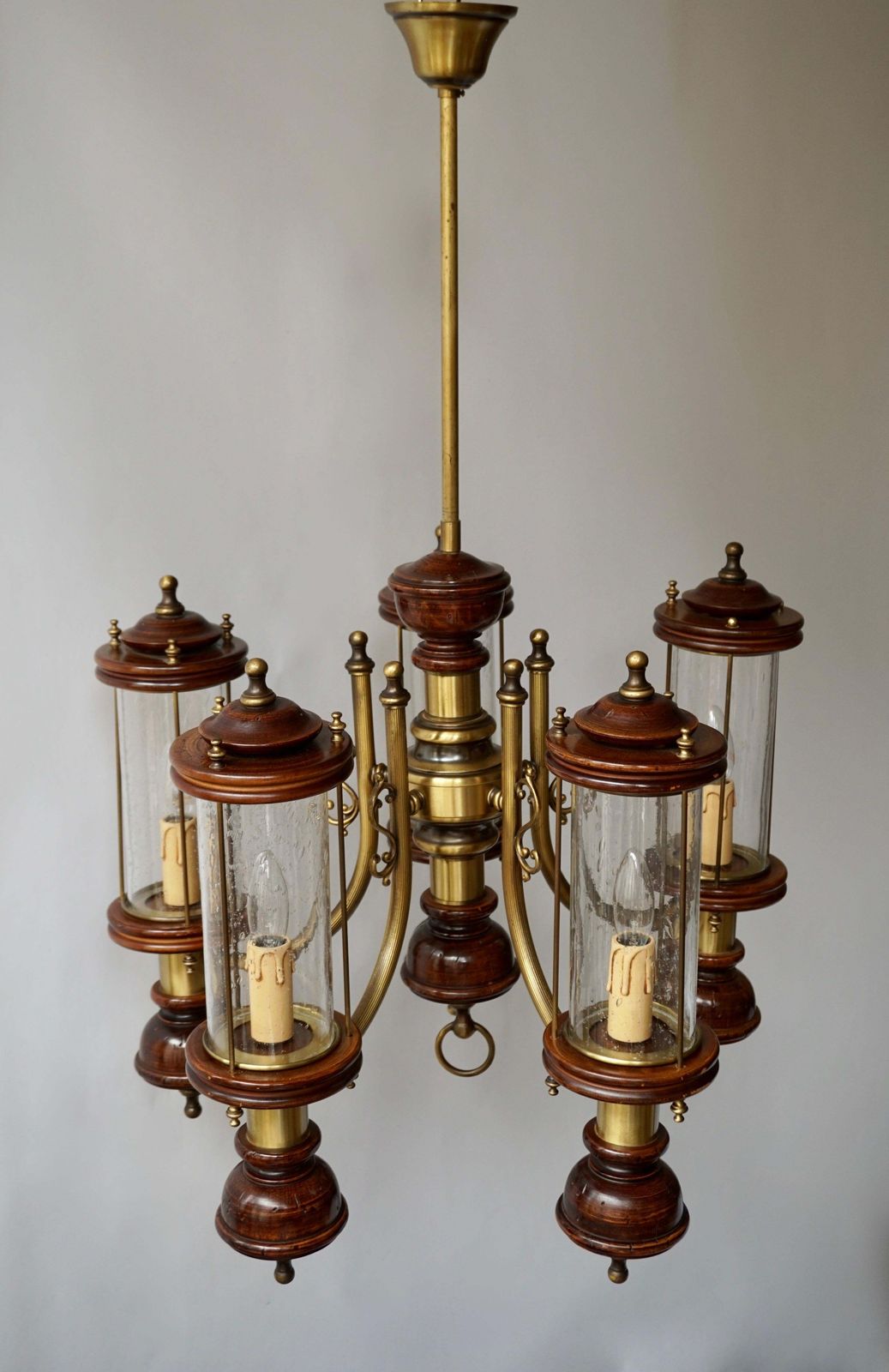 photo buy Chandelier Is Glass, Brass And Wood