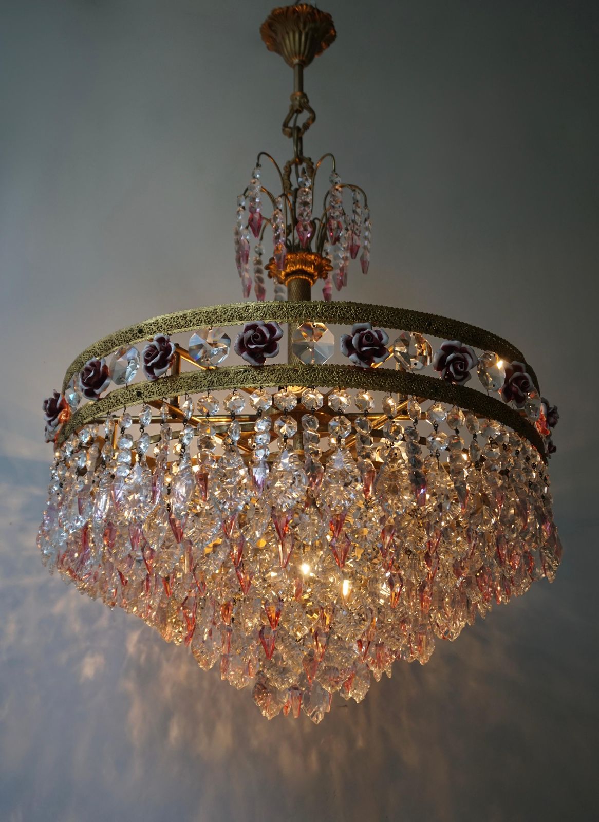 Rare Italian Chandelier With Pink Crystals And Pink Roses photo vintage