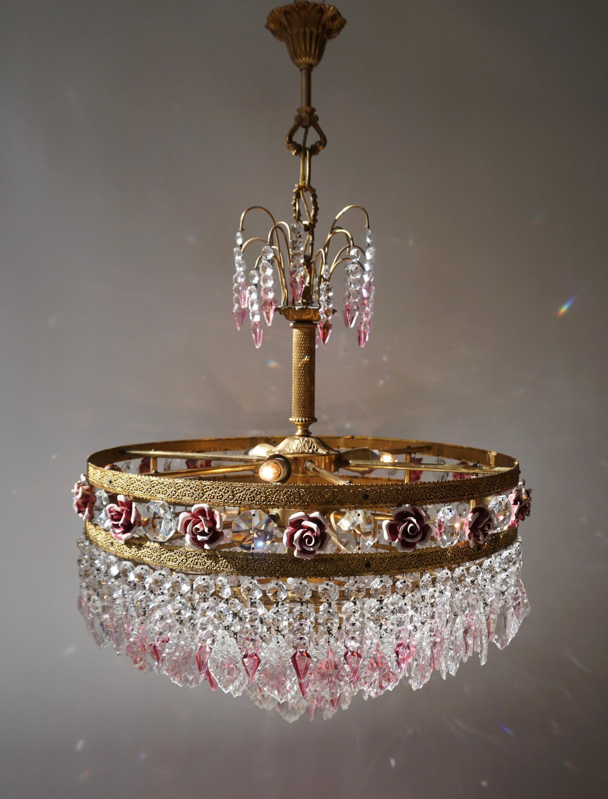 Lighting Rare Italian Chandelier With Pink Crystals And Pink Roses photo