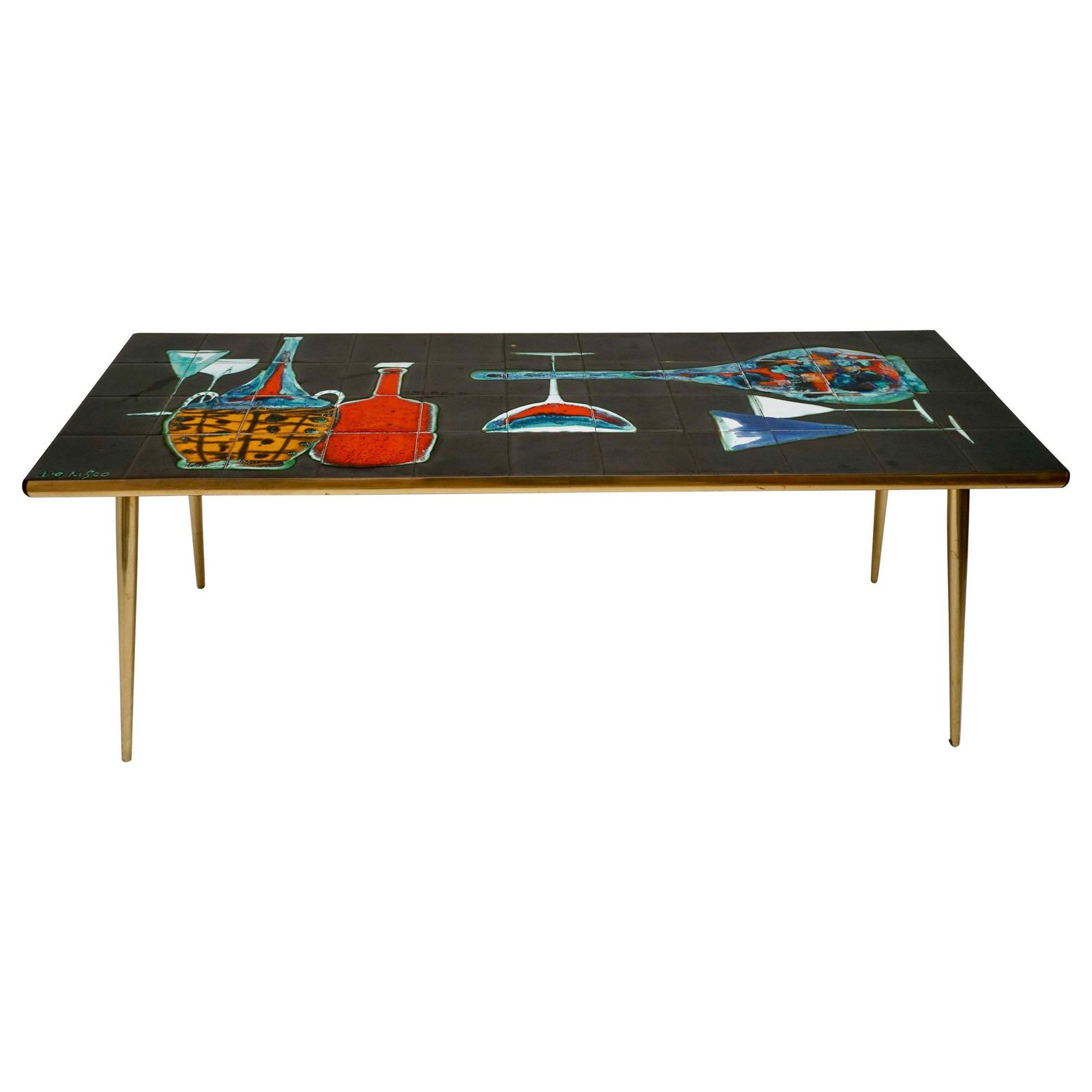 A Fine French 1950's Brass Base And Ceramic Top Coffee Table By Denisco