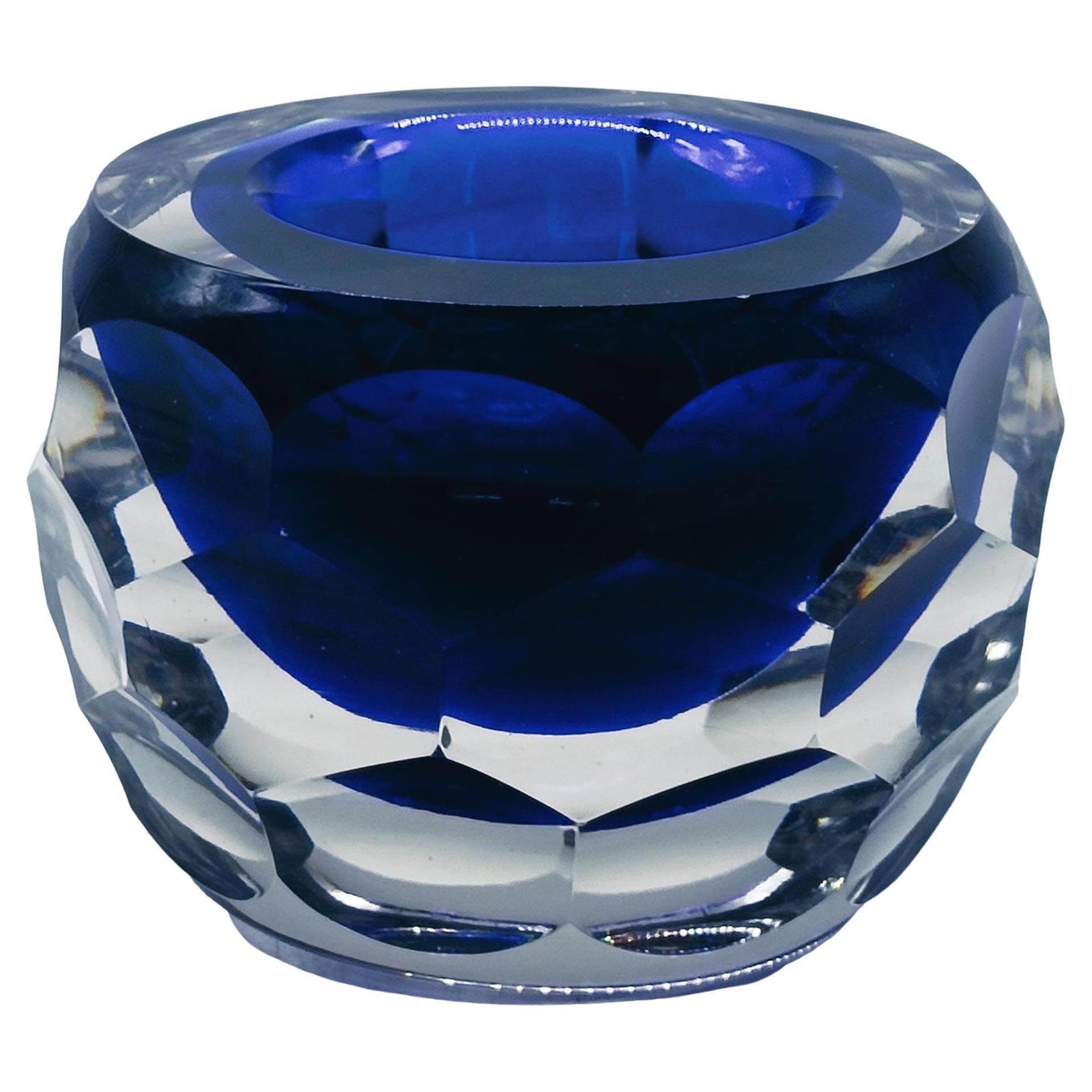 Alessandro Mandruzzato Blue Faceted Murano Glass Bowl, Italy 1970s