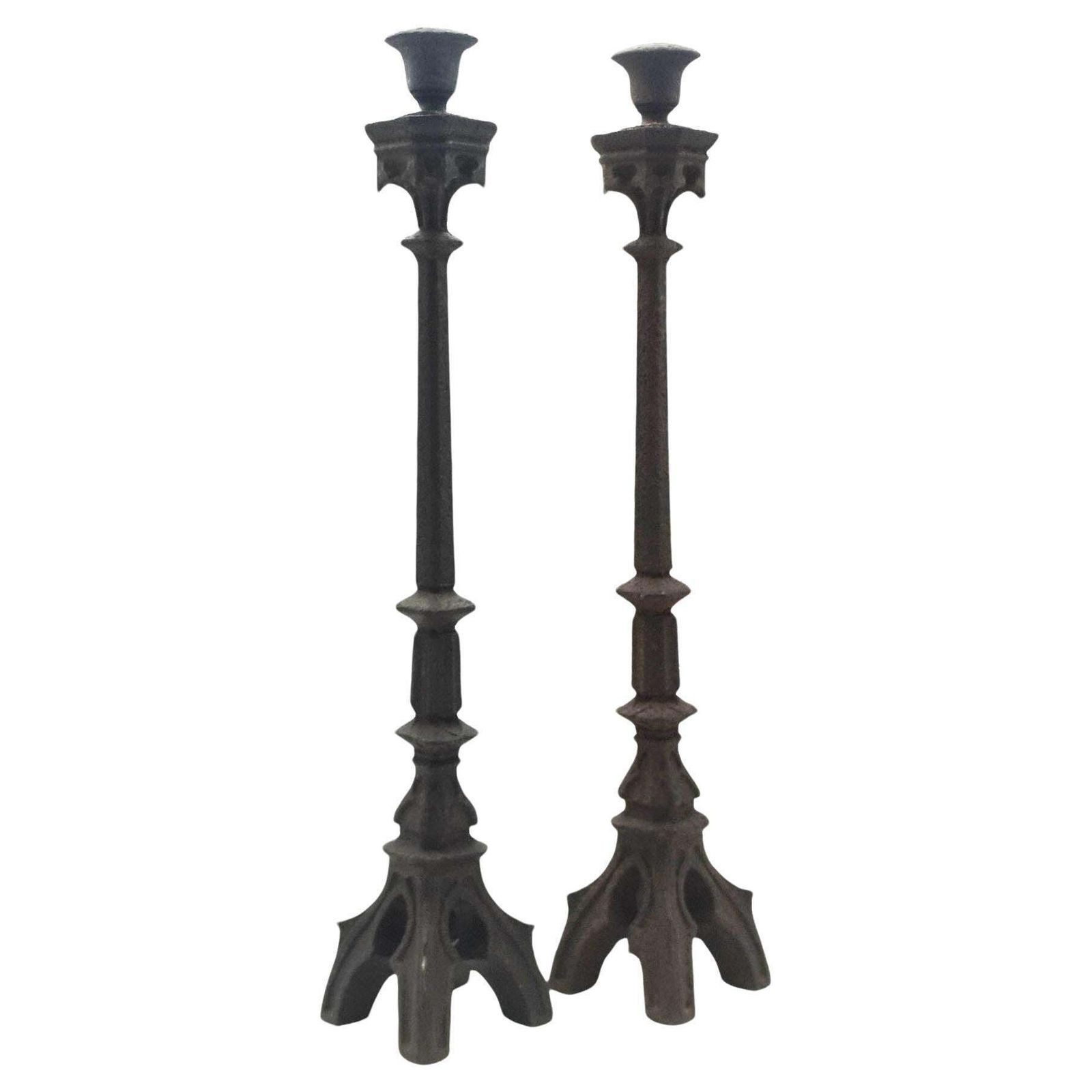 Pair Of Neo Gothic Iron Altar Candlesticks, Italy, 19th Century