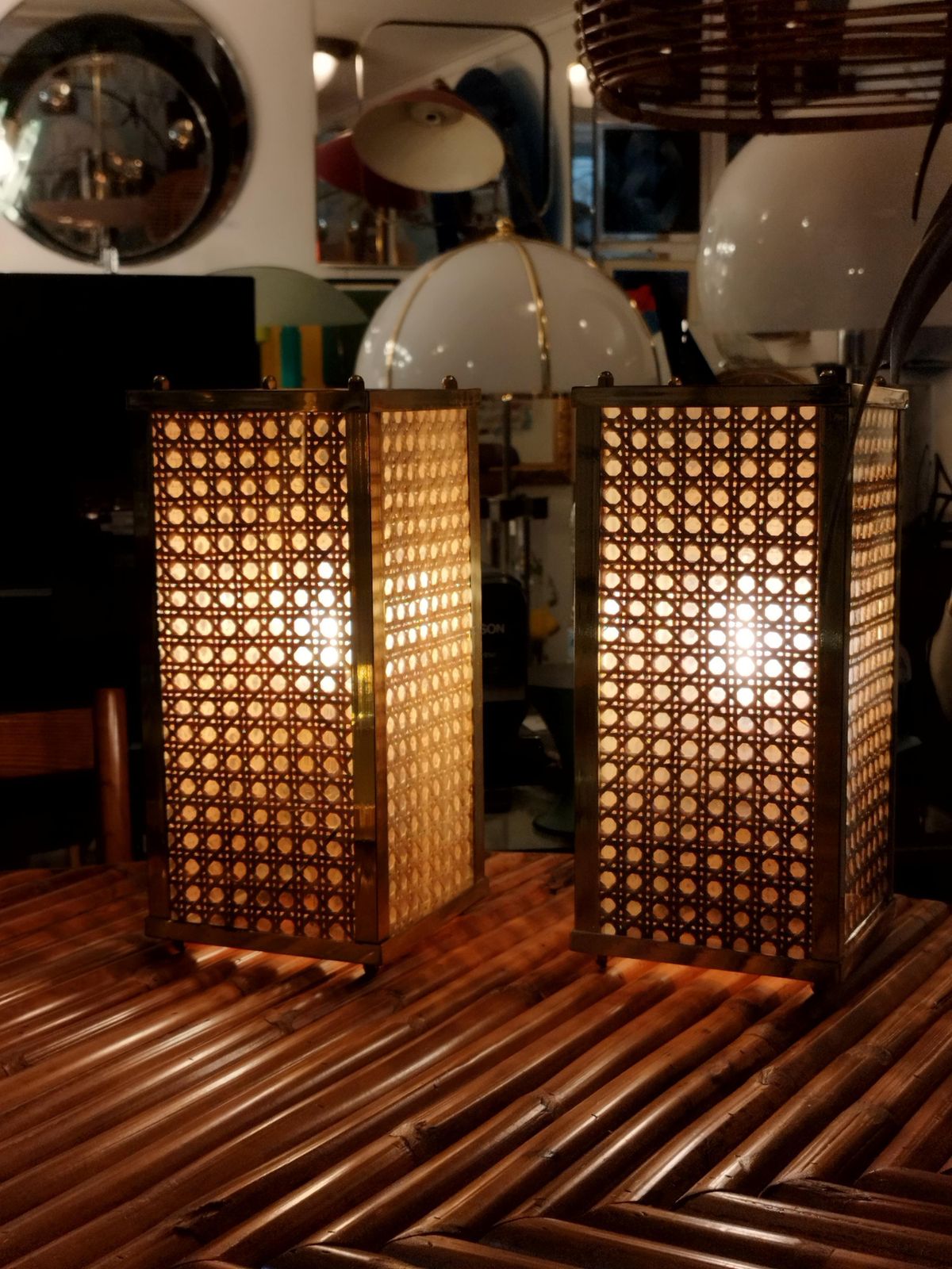 Dior Home Style Pair Of Brass, Glass And Vienna Woven Cane Table Lamps, 1970s photo 1232.0