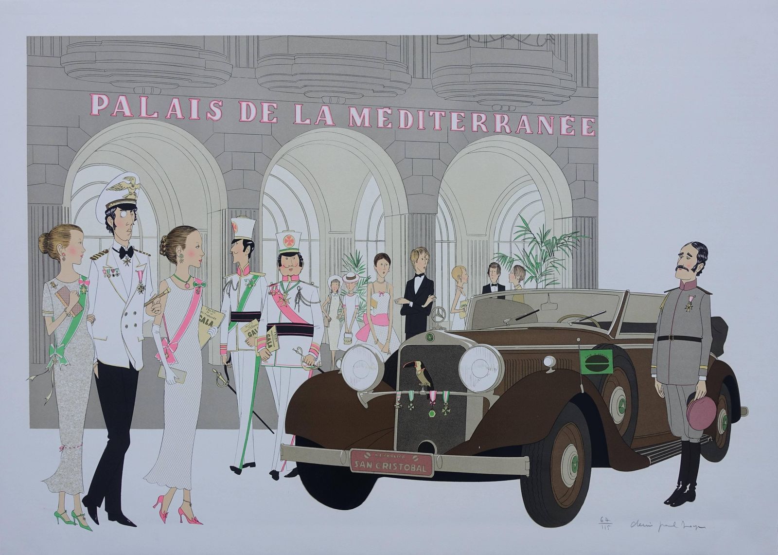 Denis Paul Noyerhotel: Mercedes Cabriolet T290 & Palais Mediterranee   Signed Lithograph   115ex1980