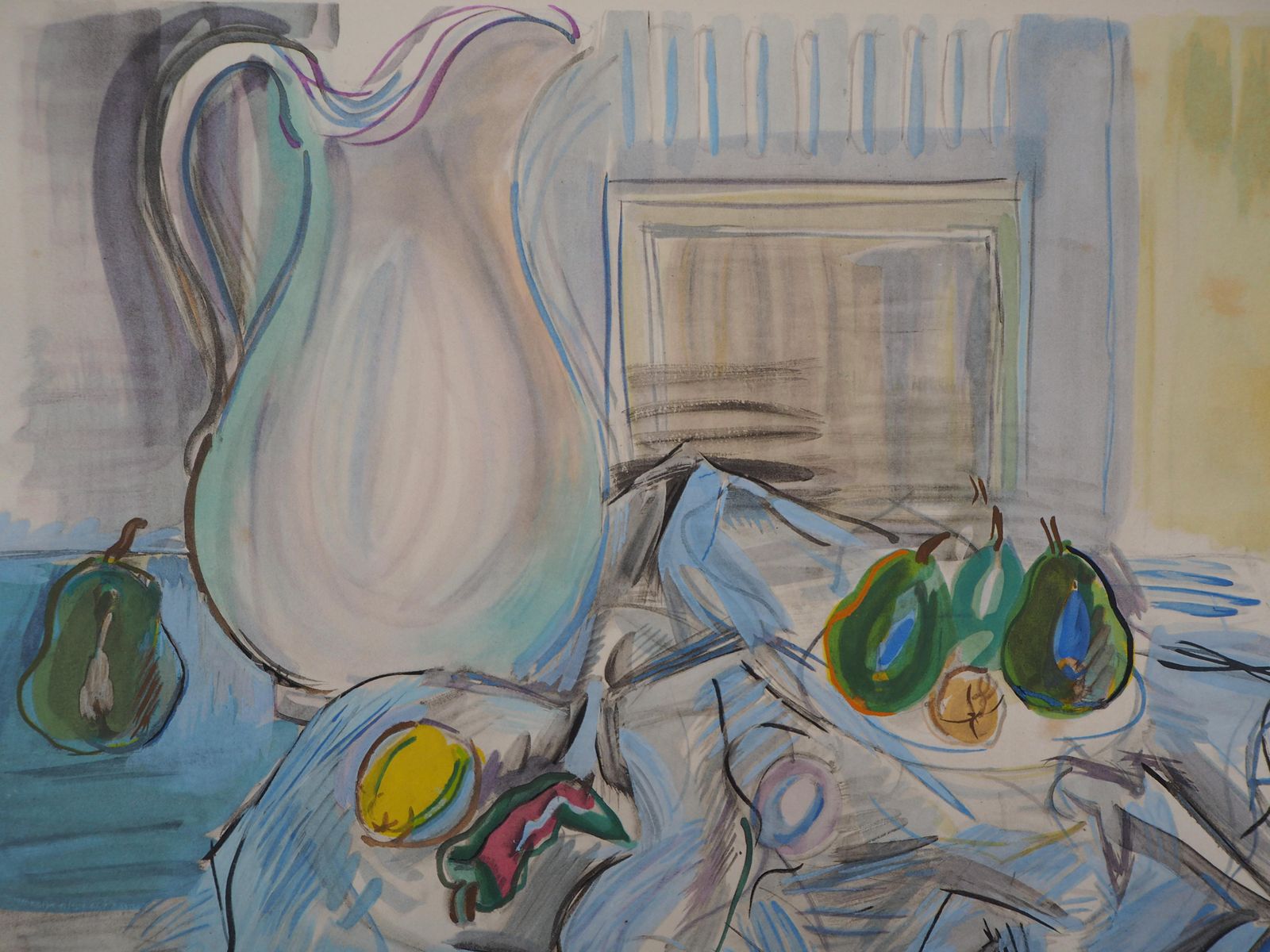 Raoul Dufystill Life With White Pot And Pears   Original Lithograph1953 photo furniture