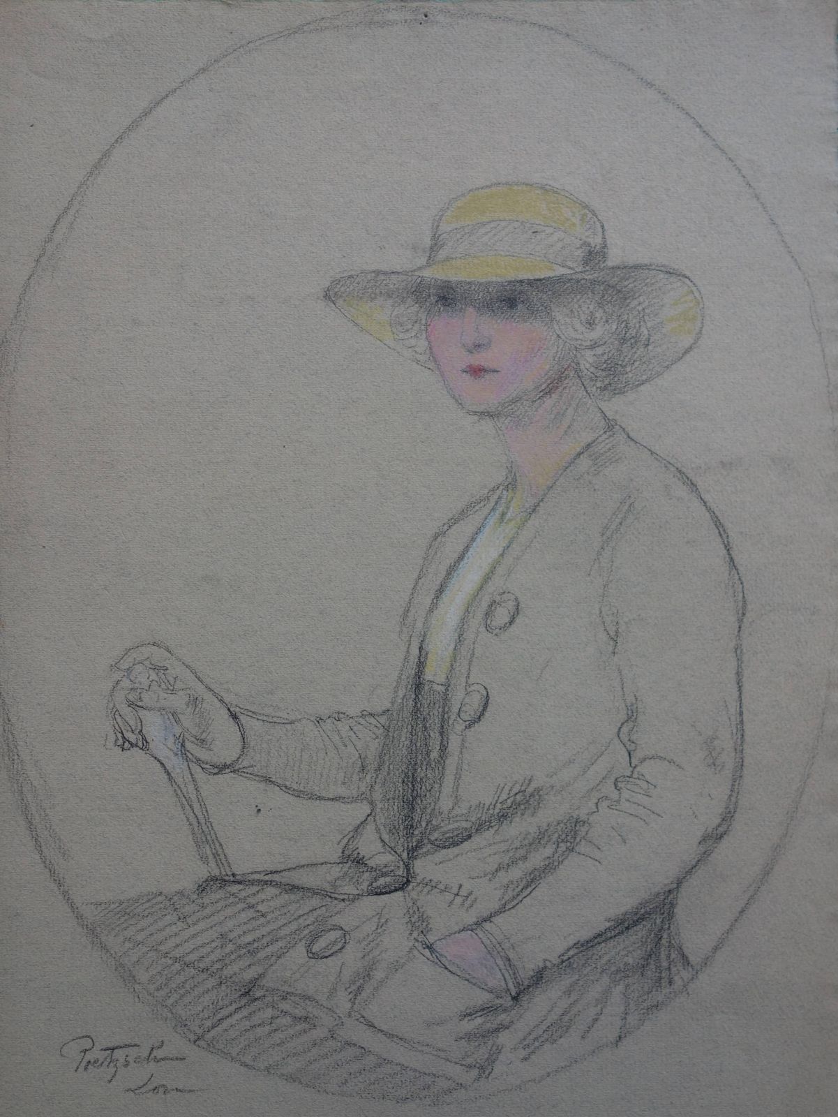 Gustave Poetzschlady Wearing A Yellow Hat   Original Signed Charcoals Drawing