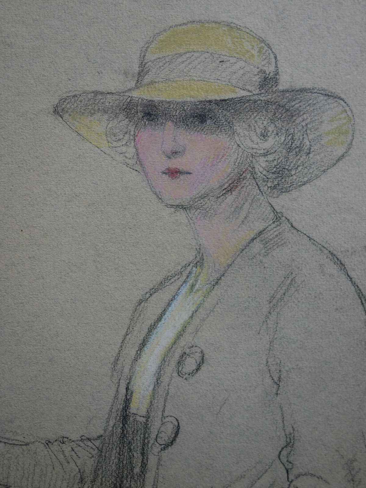 Gustave Poetzschlady Wearing A Yellow Hat   Original Signed Charcoals Drawing photo Art