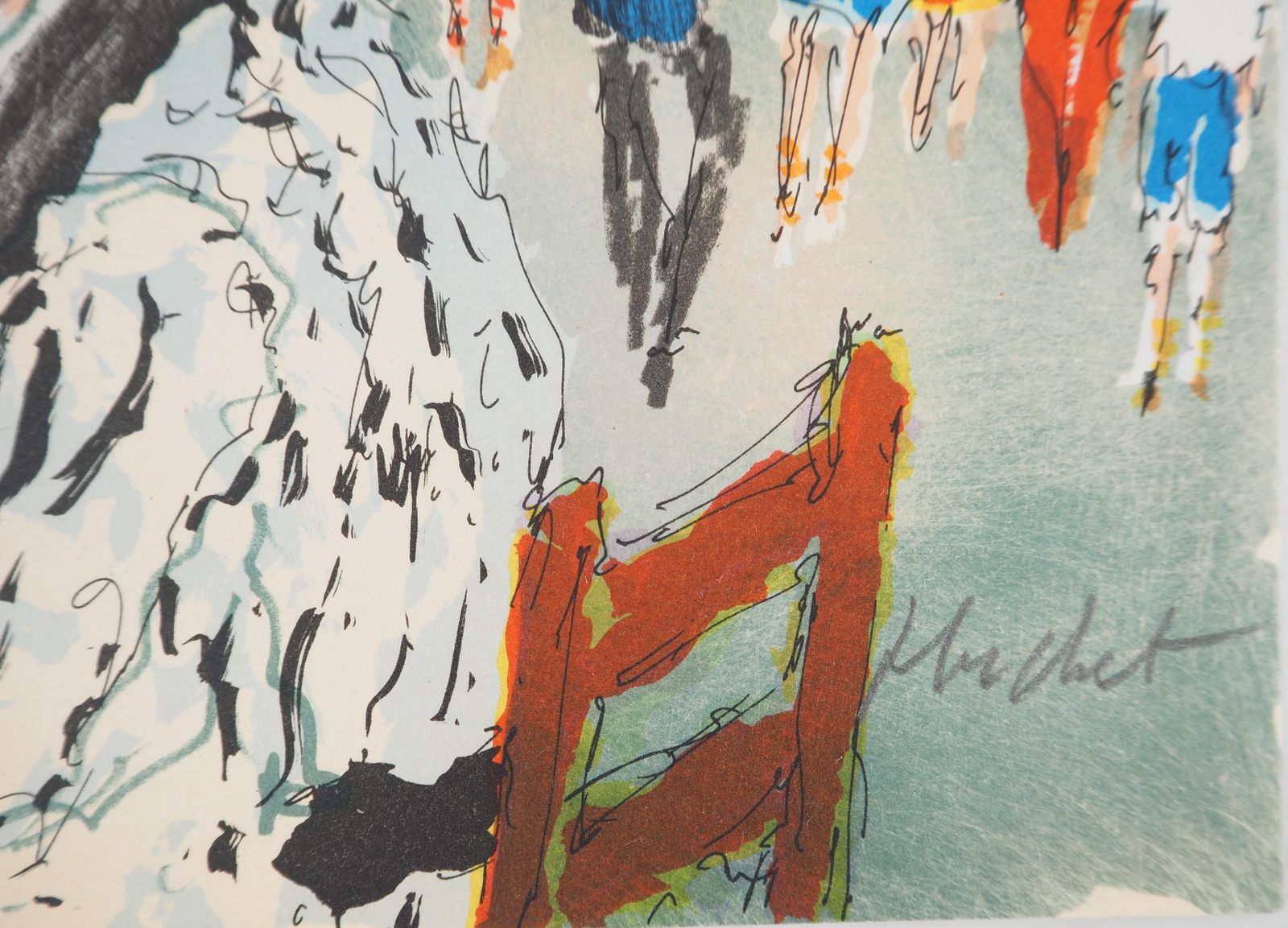 Urbain Huchetparis : Terrace Of A Café And Eiffel Tower   Original Lithograph Handsigned 1970 photo furniture