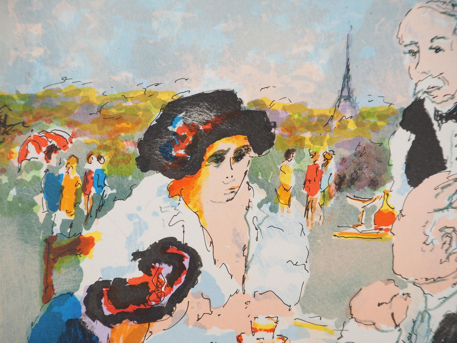 Urbain Huchetparis : Terrace Of A Café And Eiffel Tower   Original Lithograph Handsigned 1970 photo Art