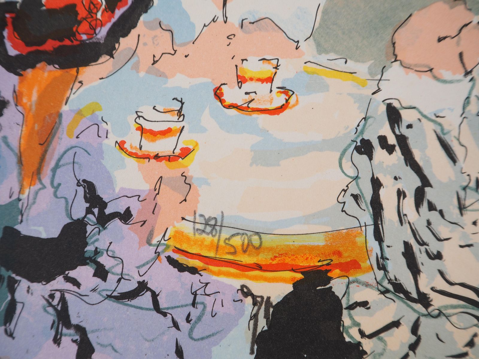 Urbain Huchetparis : Terrace Of A Café And Eiffel Tower   Original Lithograph Handsigned 1970 photo buy