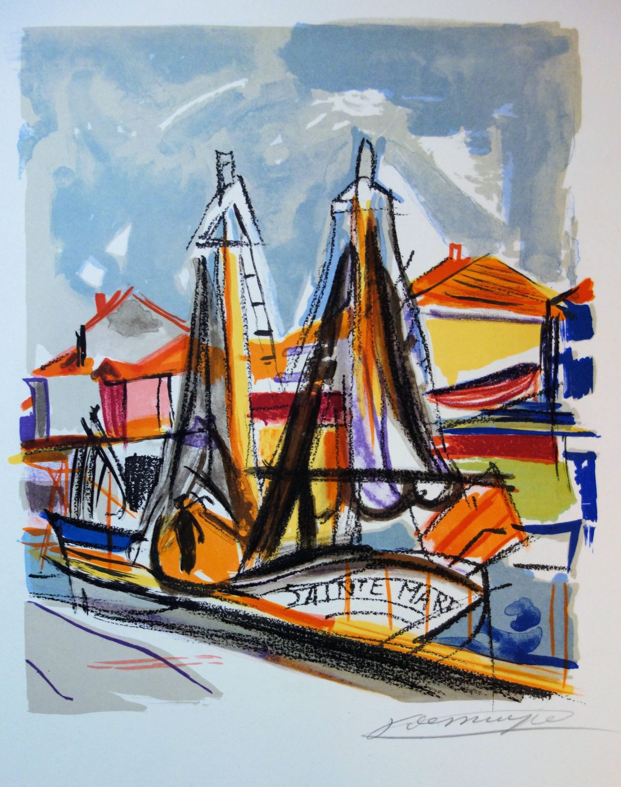 François Desnoyerbrittain : Sailboats In A Small Harbour   Original Handsigned Lithograph1965