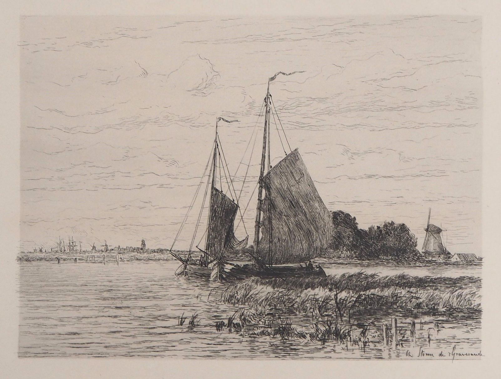 Carel Nicolaas Storm Van's Gravensandefisherman Boats On The Scheldt   Original Etching