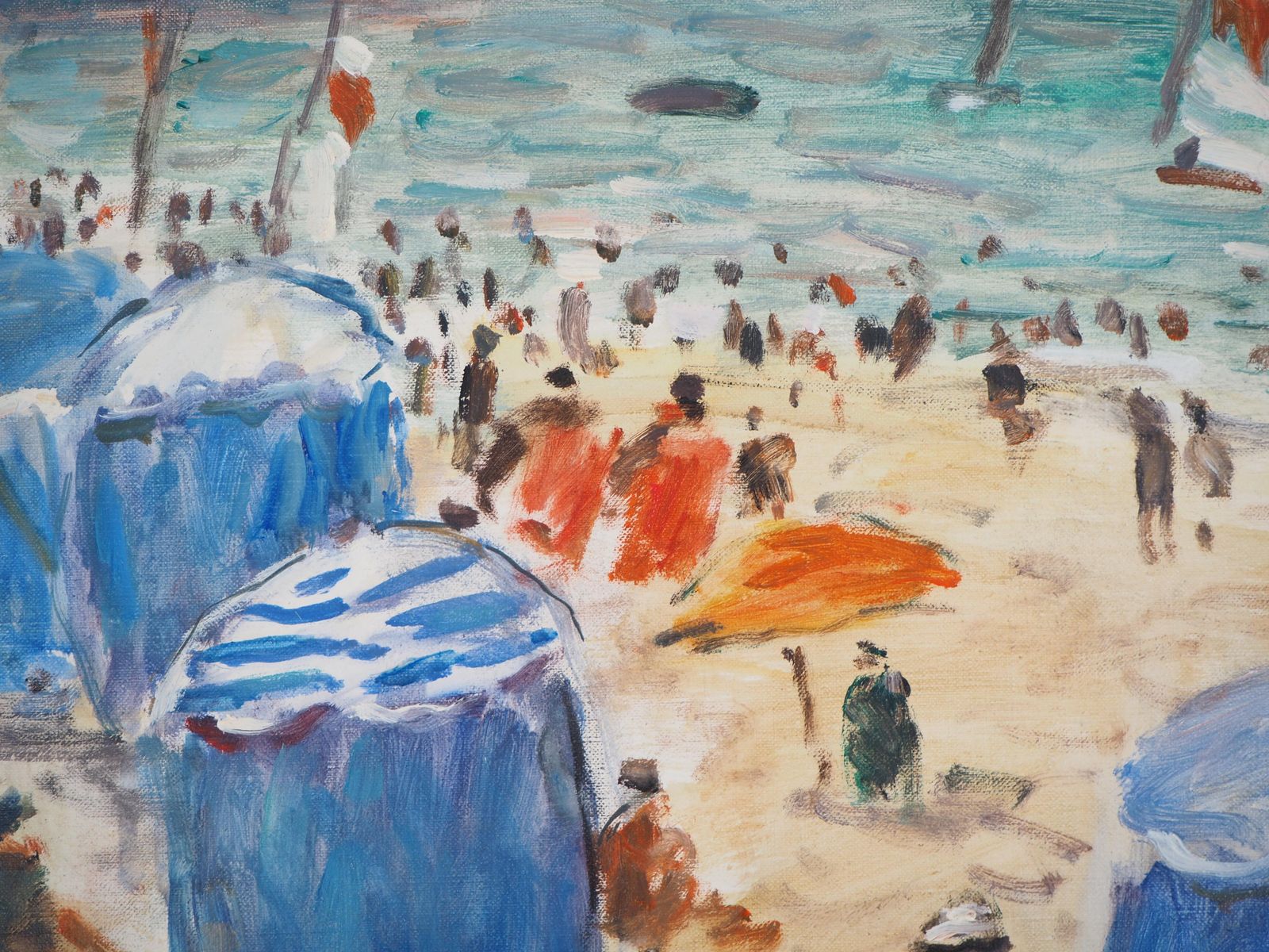 Jean Jacques Reneseascape : Animated Beach In Normandy   Oil On Canvas Hansigned photo for sale