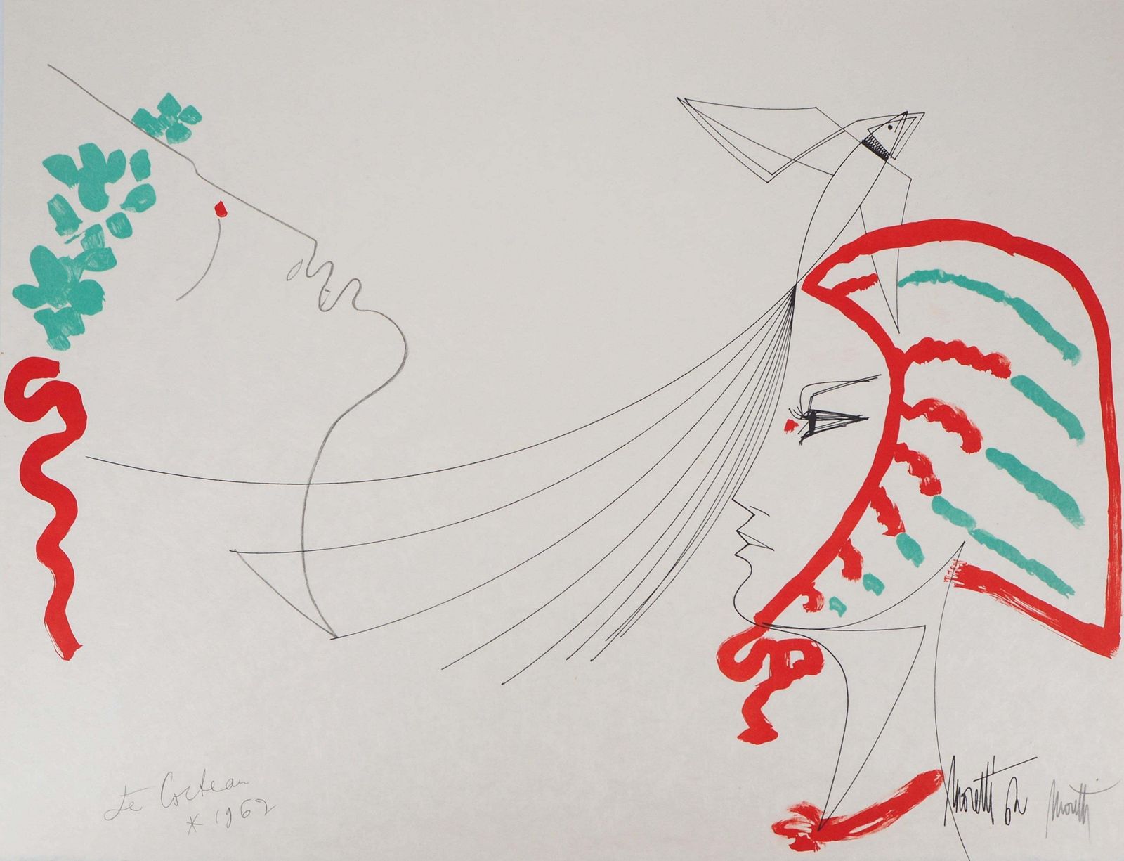 Jean Cocteaujean Cocteau And Raymond Moretti : The Lovers   Original Hansigned Lithograph1973