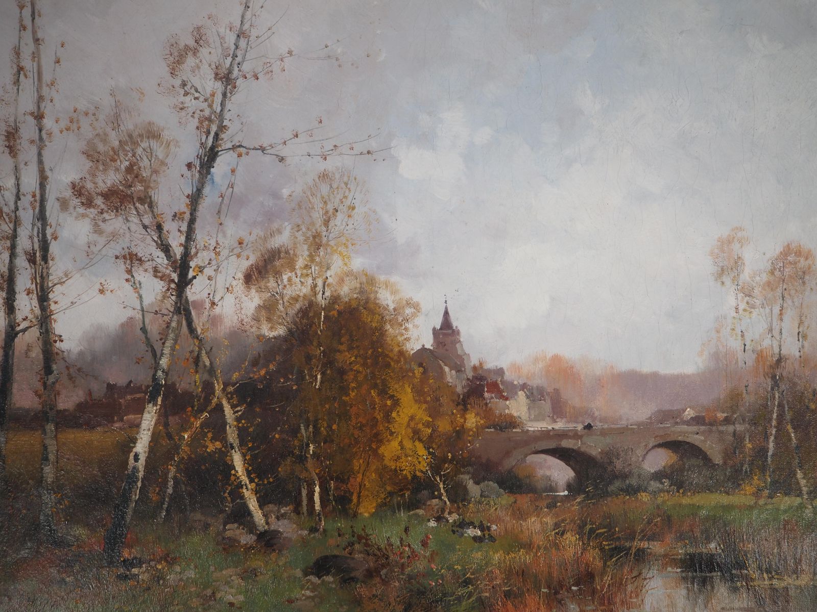 Eugene Galien Lalouenormandy, Bridge Near A Village   Original Painting On Canvas   Signed photo furniture