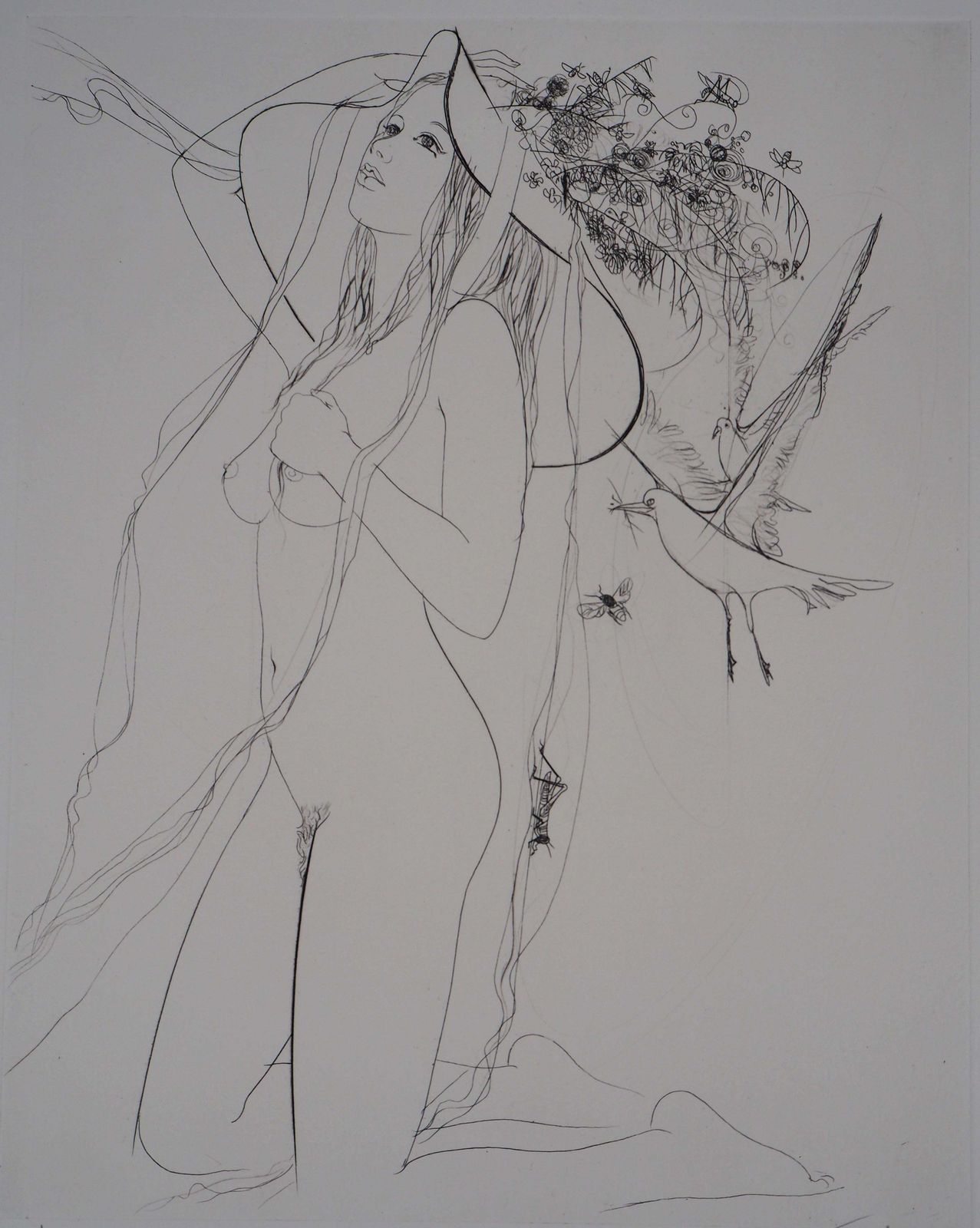 Jean Baptiste Valadienude With Tall Hat And Dove   Original Etching, Handsigned photo for sale