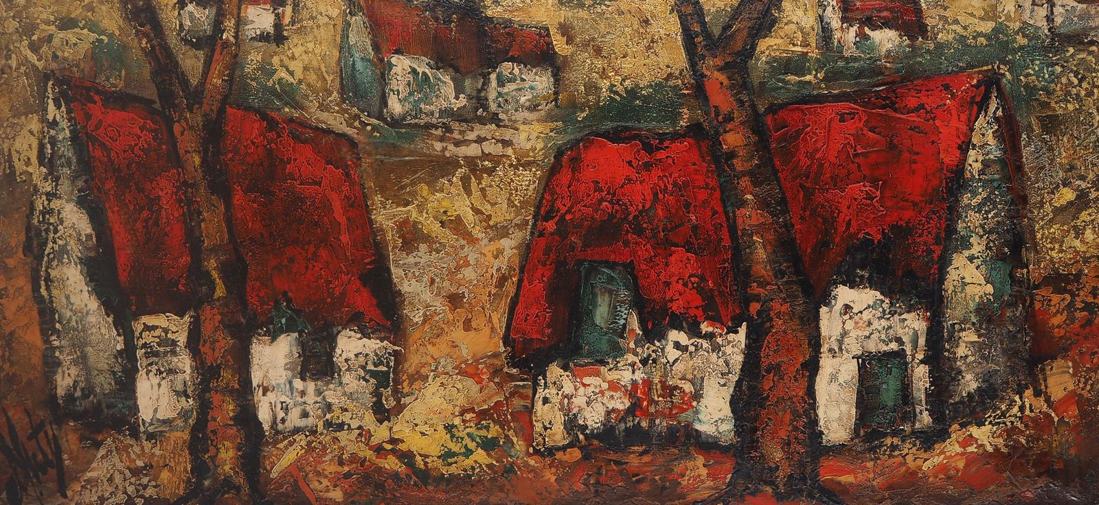 Henri D'antybrittany : Small Traditional Village   Original Oil On Canvas, Handsigned