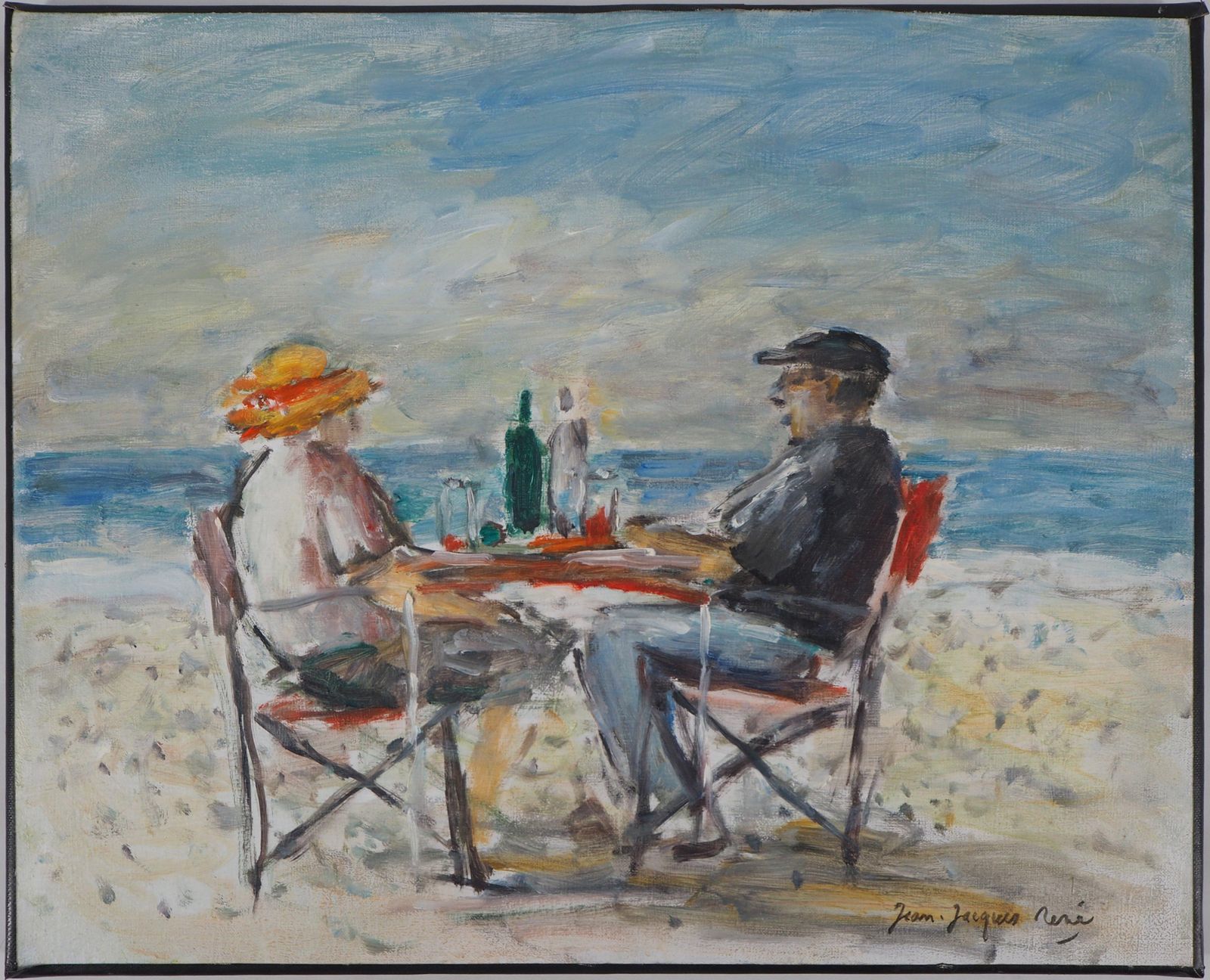 Jean Jacques Renelunch On The Beach   Oil On Canvas Hansigned photo furniture
