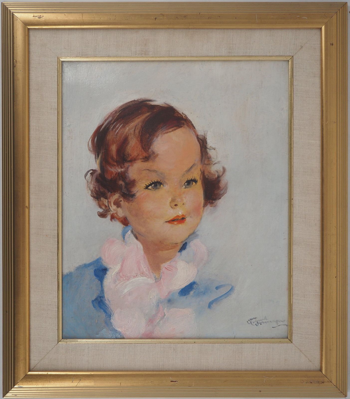 Jean Gabriel Domergueyoung Girl With Pink Scarf   Original Oil Painting, Handsigned