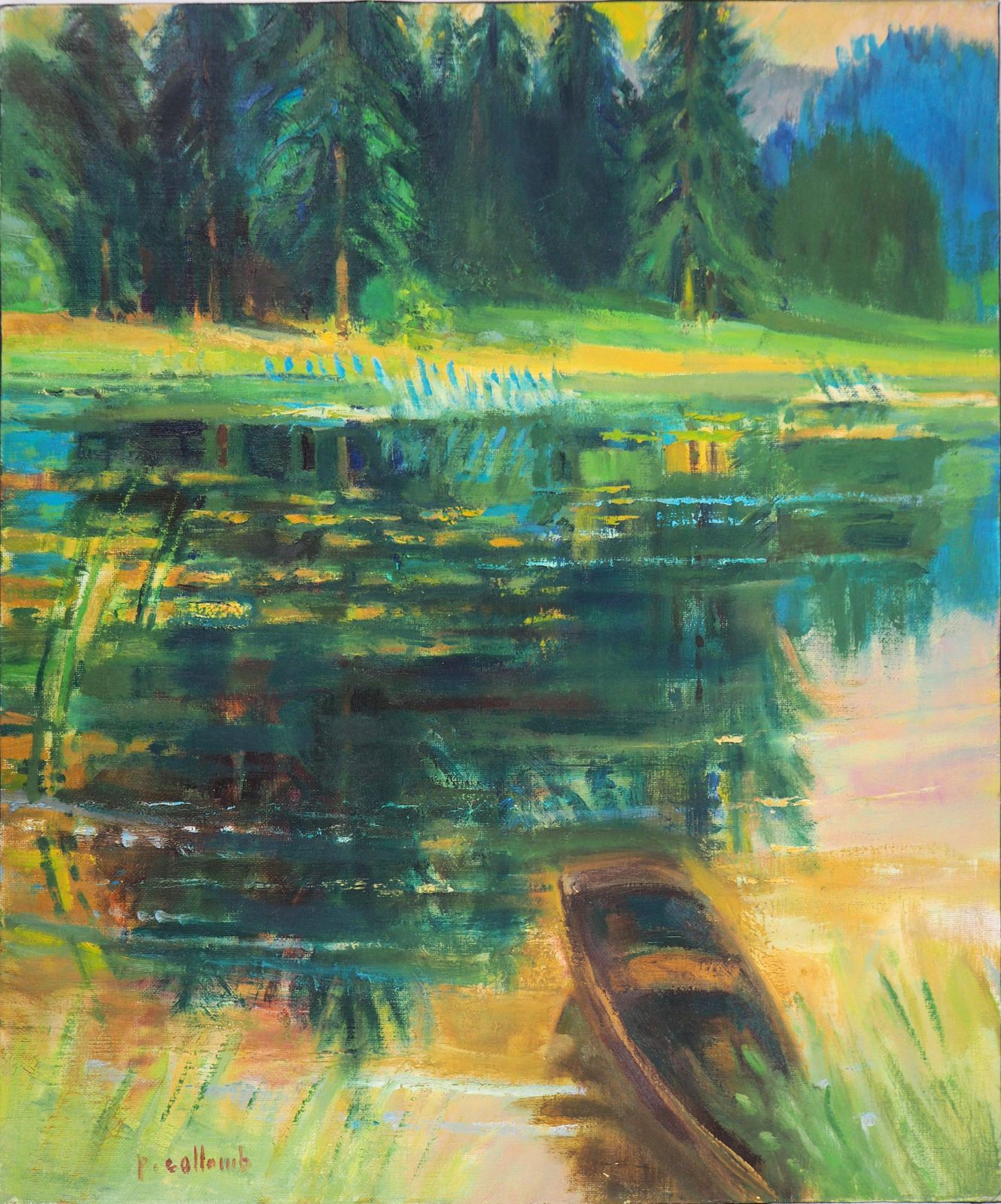 Paul Collombwild Nature : Small Boat On The Pond   Original Oil Painting, Handsigned