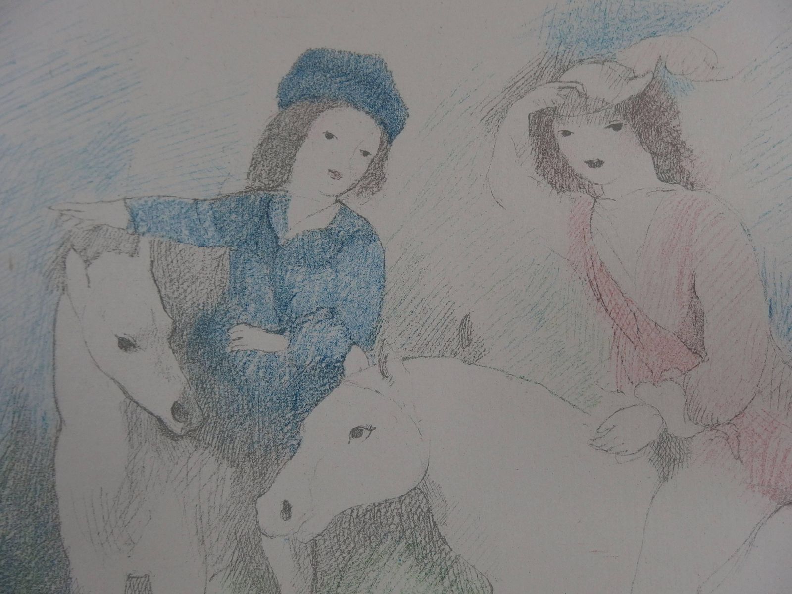 Marie Laurencintwo Girls With Horses And Dog   Signed Stone Lithograph   19281928 photo Art
