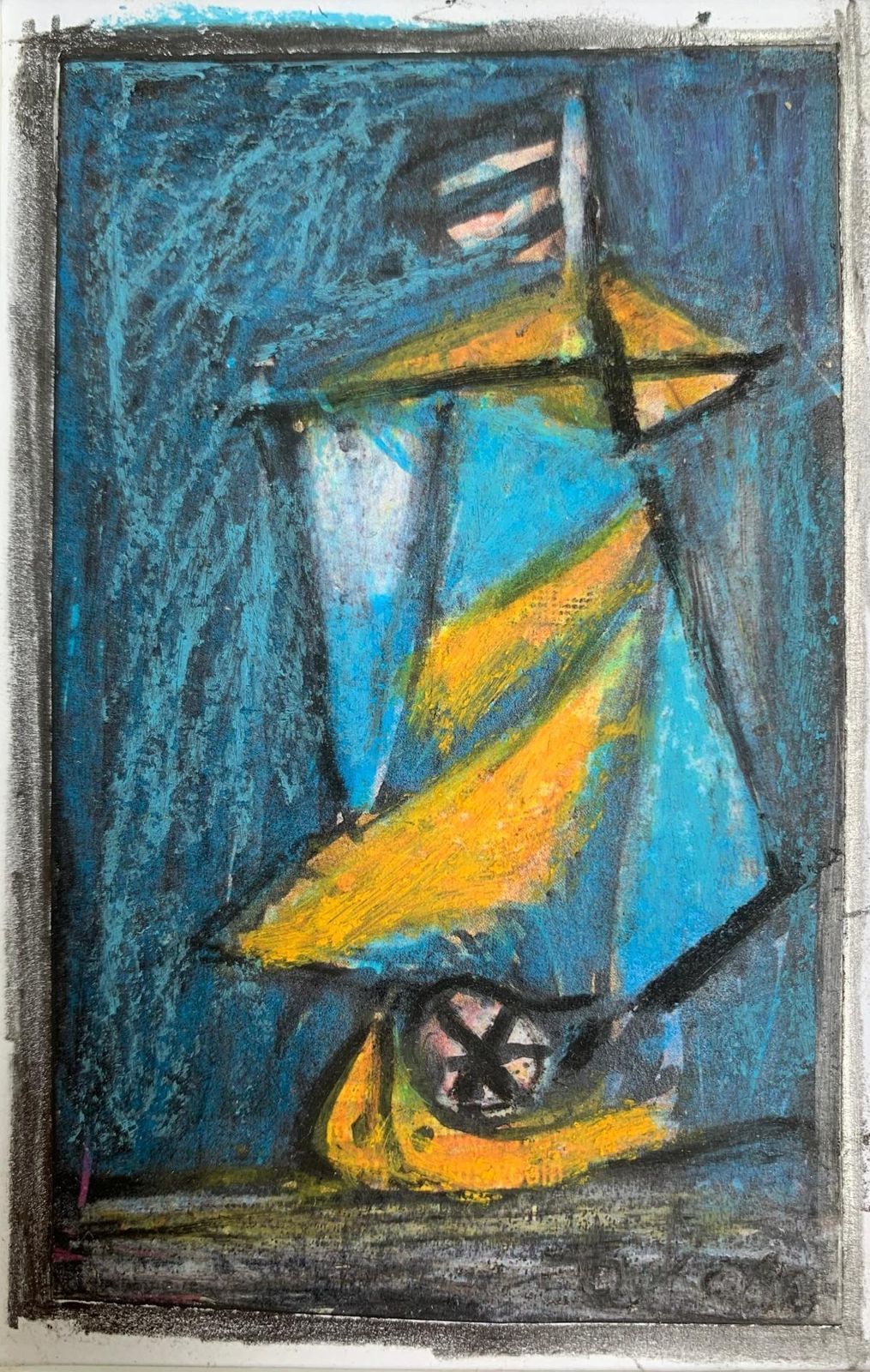 Eugeniusz Tukan Wolskia Boat. Mixed Media Drawing, Colorful, Small Scale, Polish Artistca. 2010