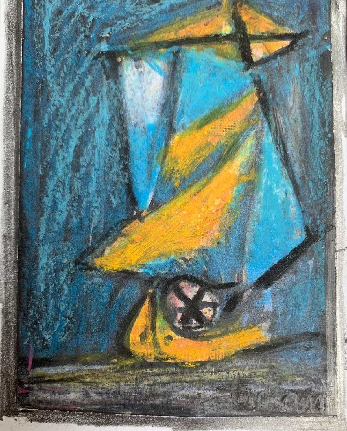 Eugeniusz Tukan Wolskia Boat. Mixed Media Drawing, Colorful, Small Scale, Polish Artistca. 2010 photo for sale