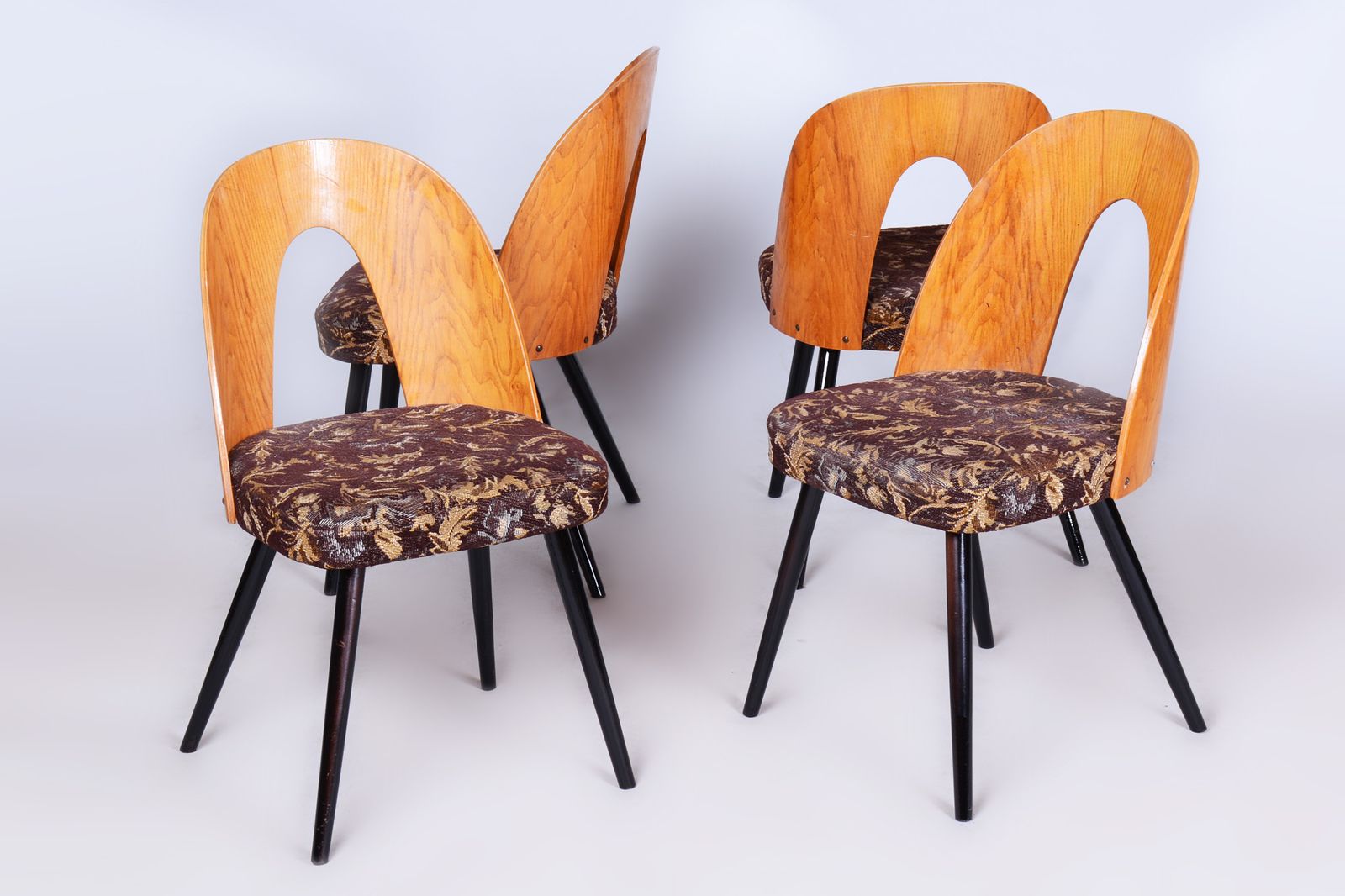 Set Of Four Restored Mid Century Chairs, Beech, Oak, Slovakia, 1950 1959