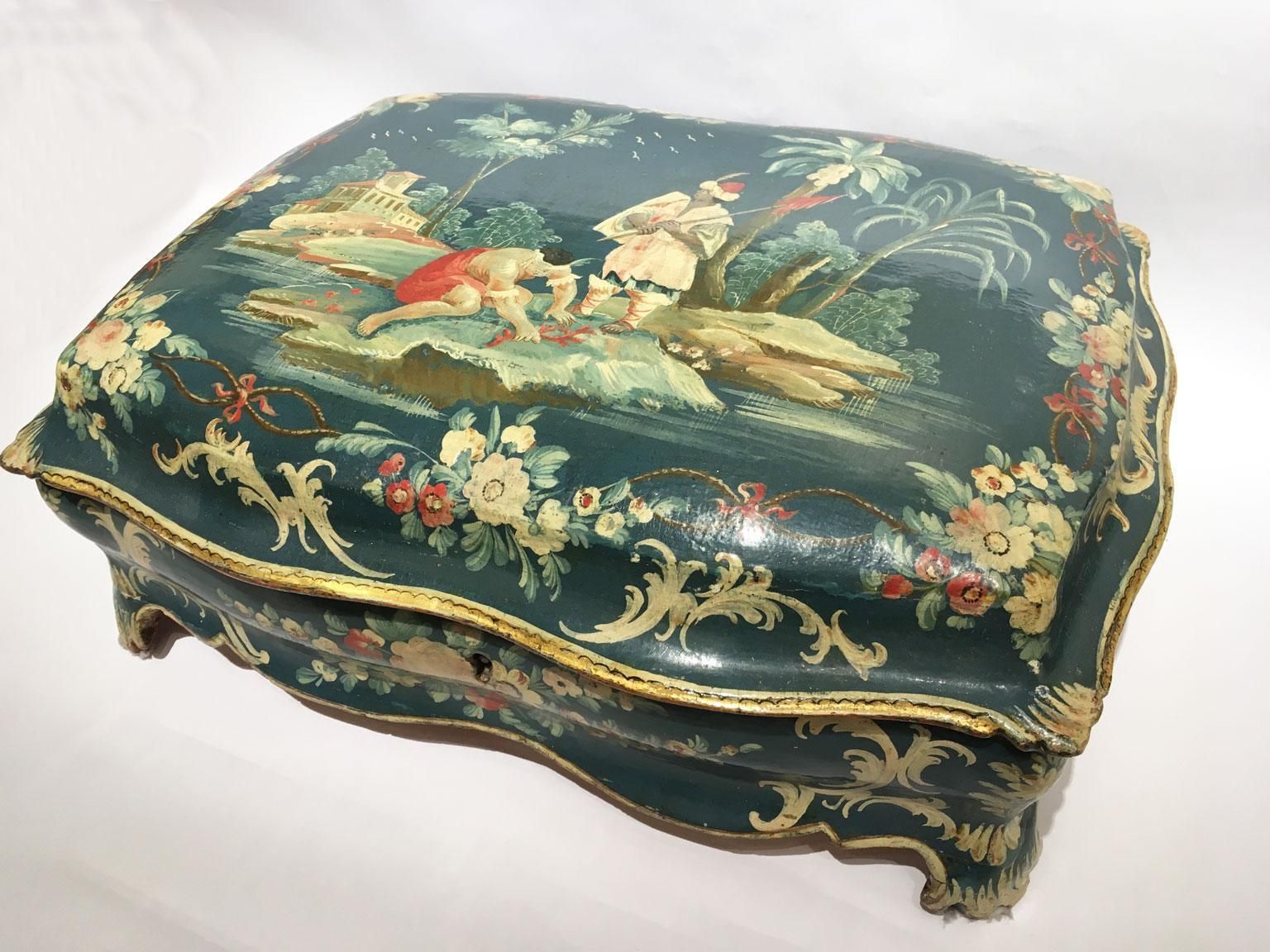 1750 Venezia Italy Blue Lacquered Wooden Box With Flowers And Figures photo furniture