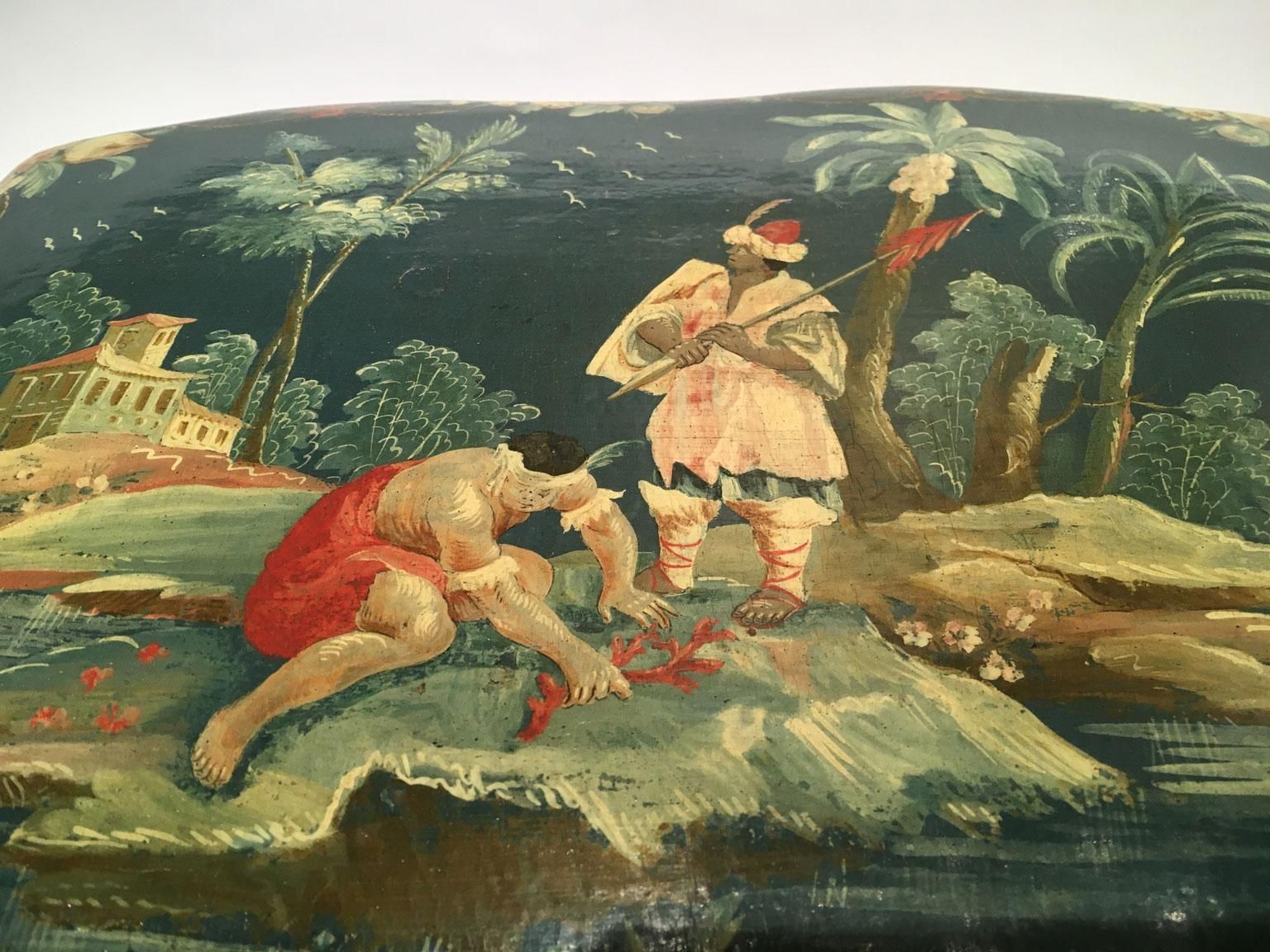 1750 Venezia Italy Blue Lacquered Wooden Box With Flowers And Figures photo for sale