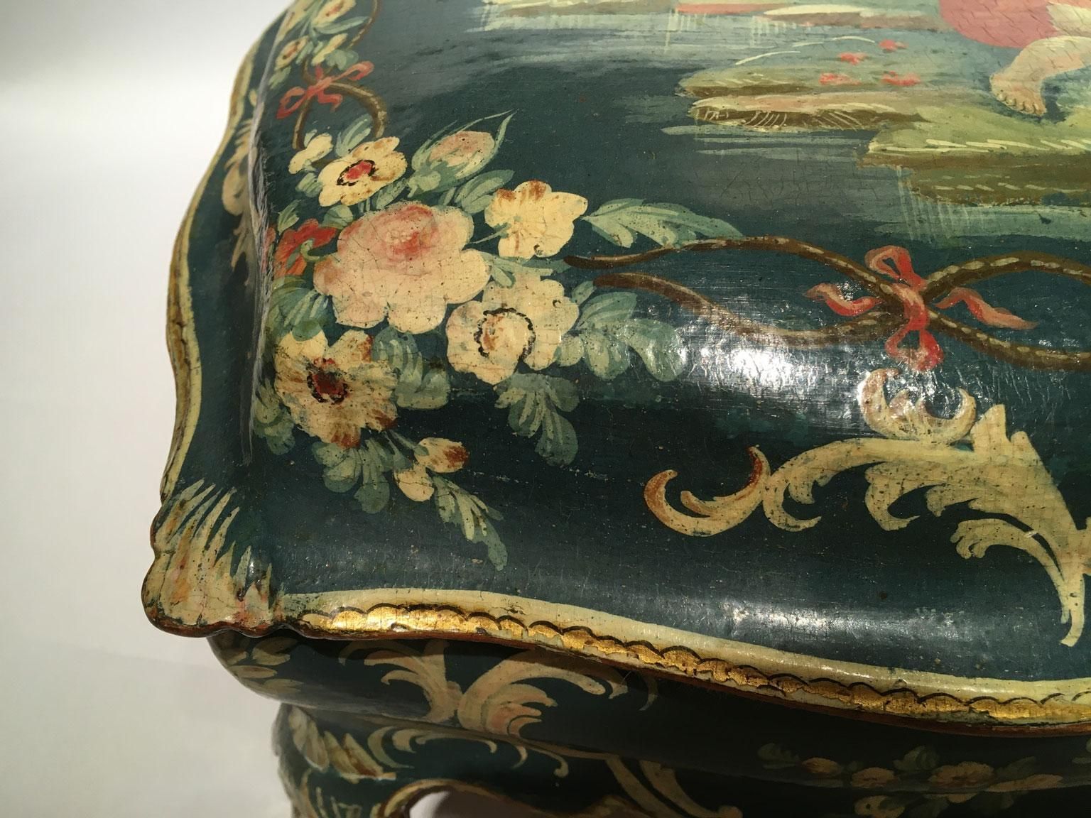 1750 Venezia Italy Blue Lacquered Wooden Box With Flowers And Figures photo buy