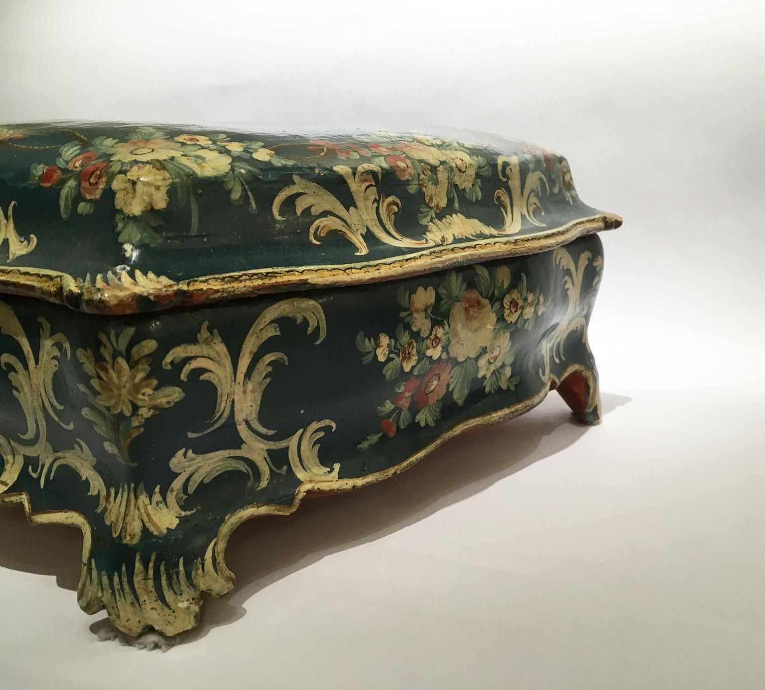 1750 Venezia Italy Blue Lacquered Wooden Box With Flowers And Figures photo vintage
