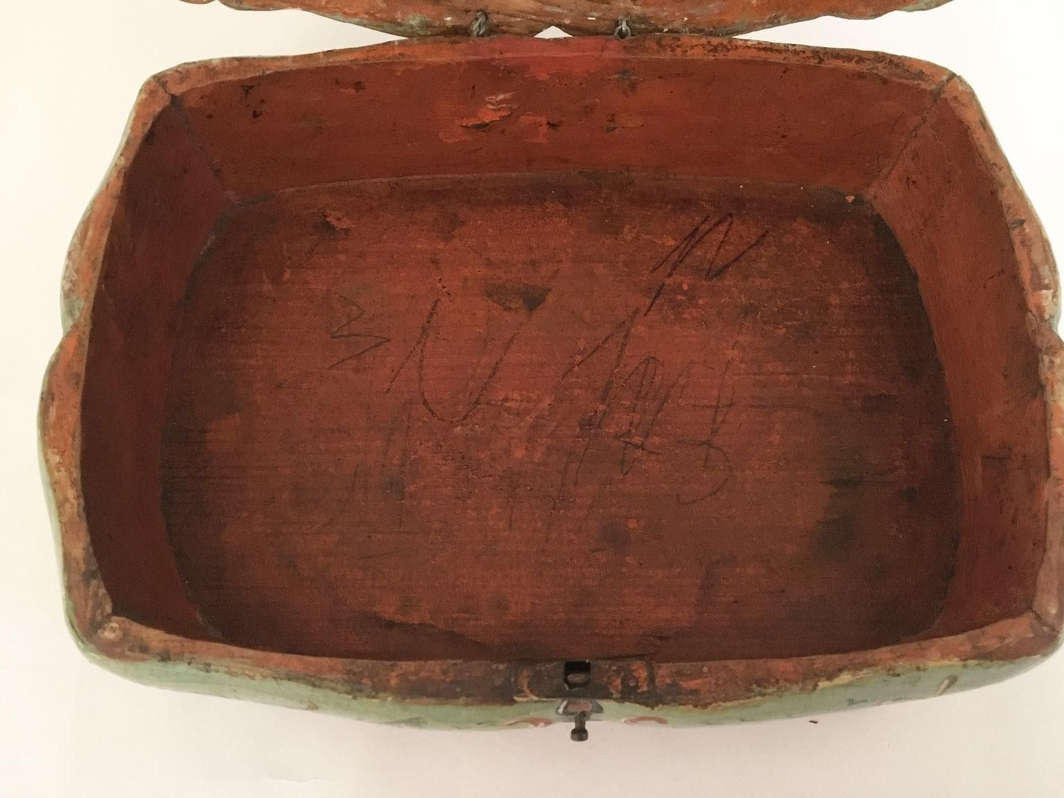1750 Venezia Italy Green Light Blue Lacquered And Shaped Wooden Box With Flowers photo buy