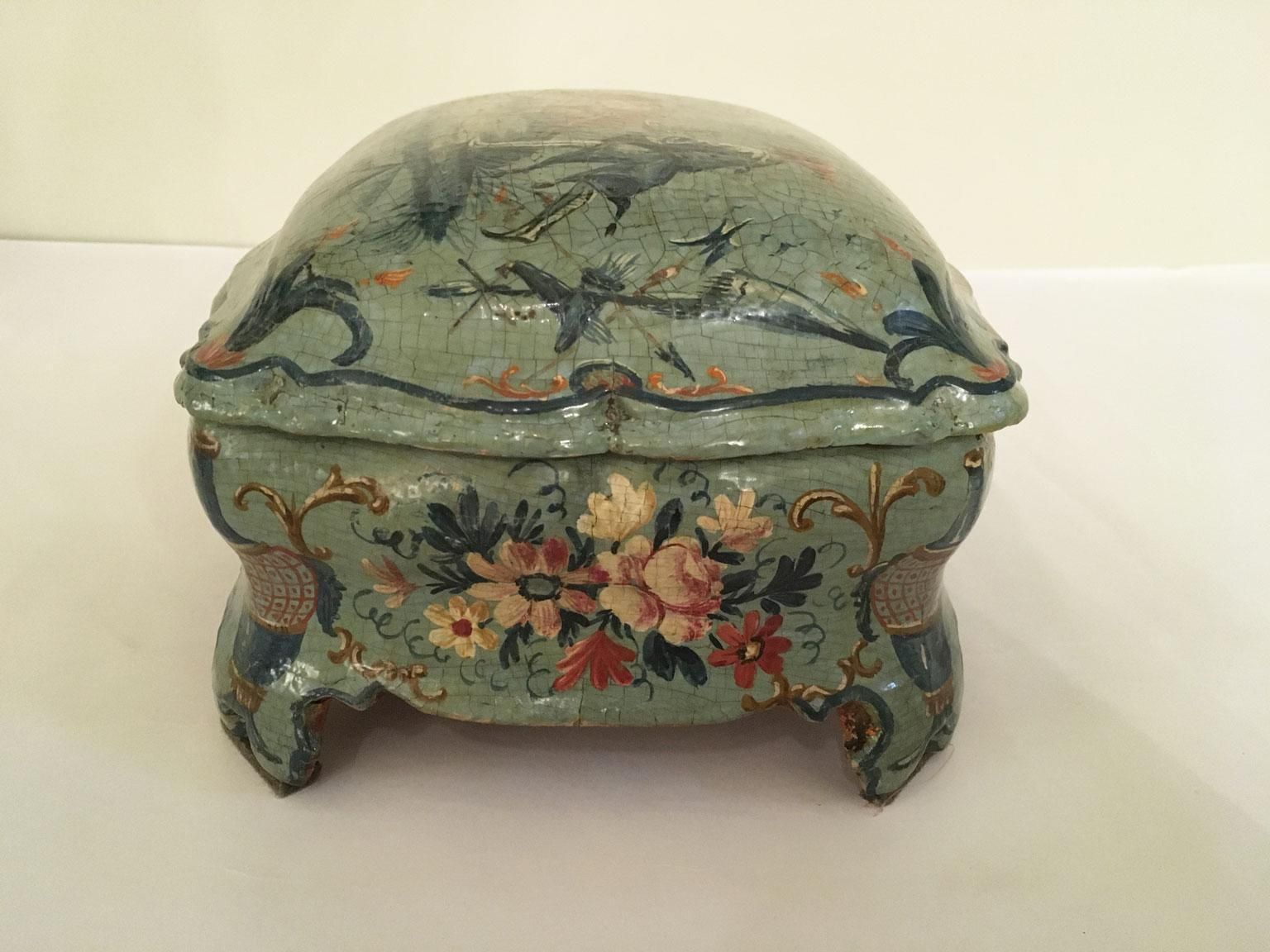 15297.0 1750 Venezia Italy Green Light Blue Lacquered And Shaped Wooden Box With Flowers photo