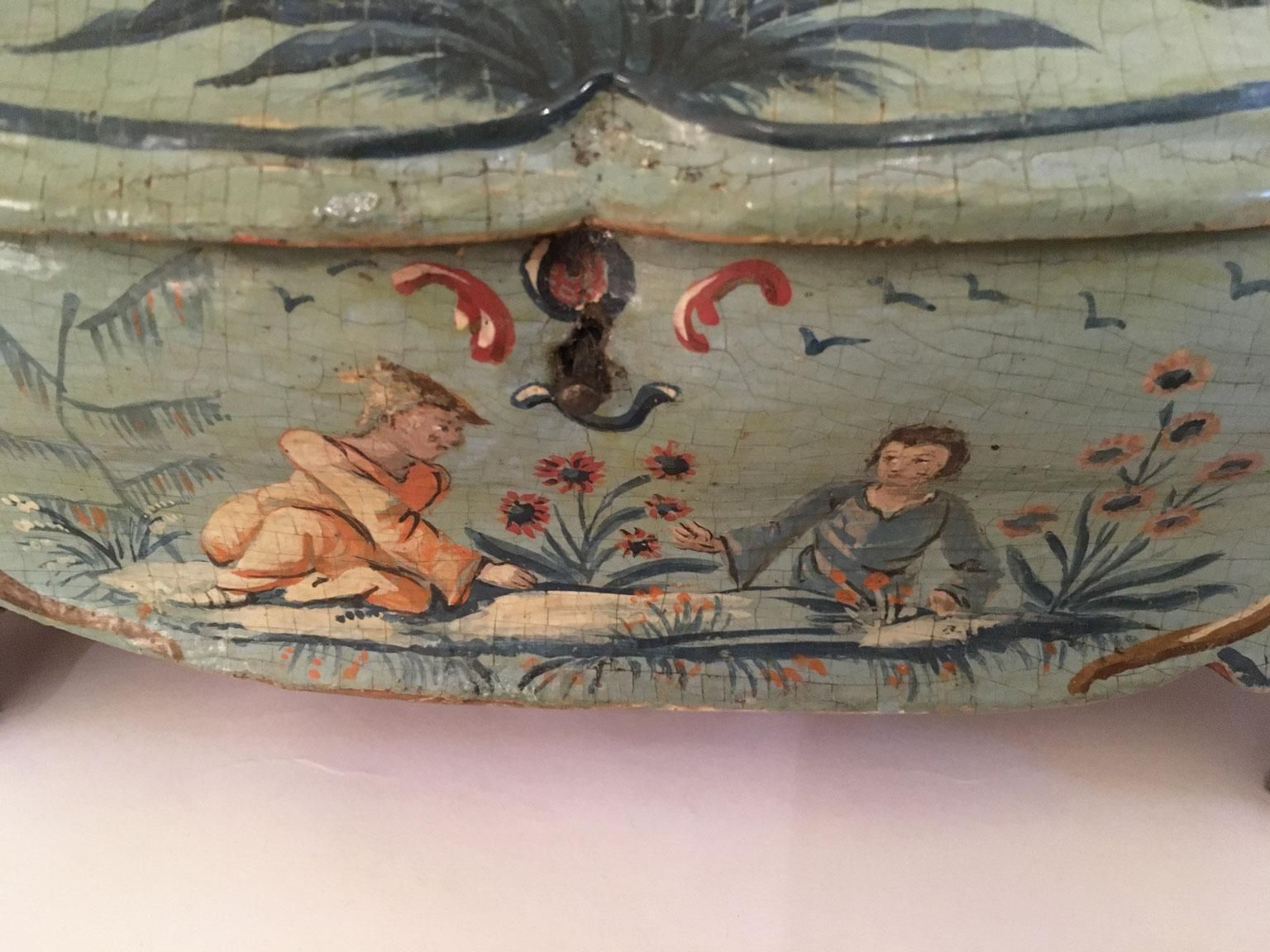photo buy 1750 Venezia Italy Green Light Blue Lacquered And Shaped Wooden Box With Flowers