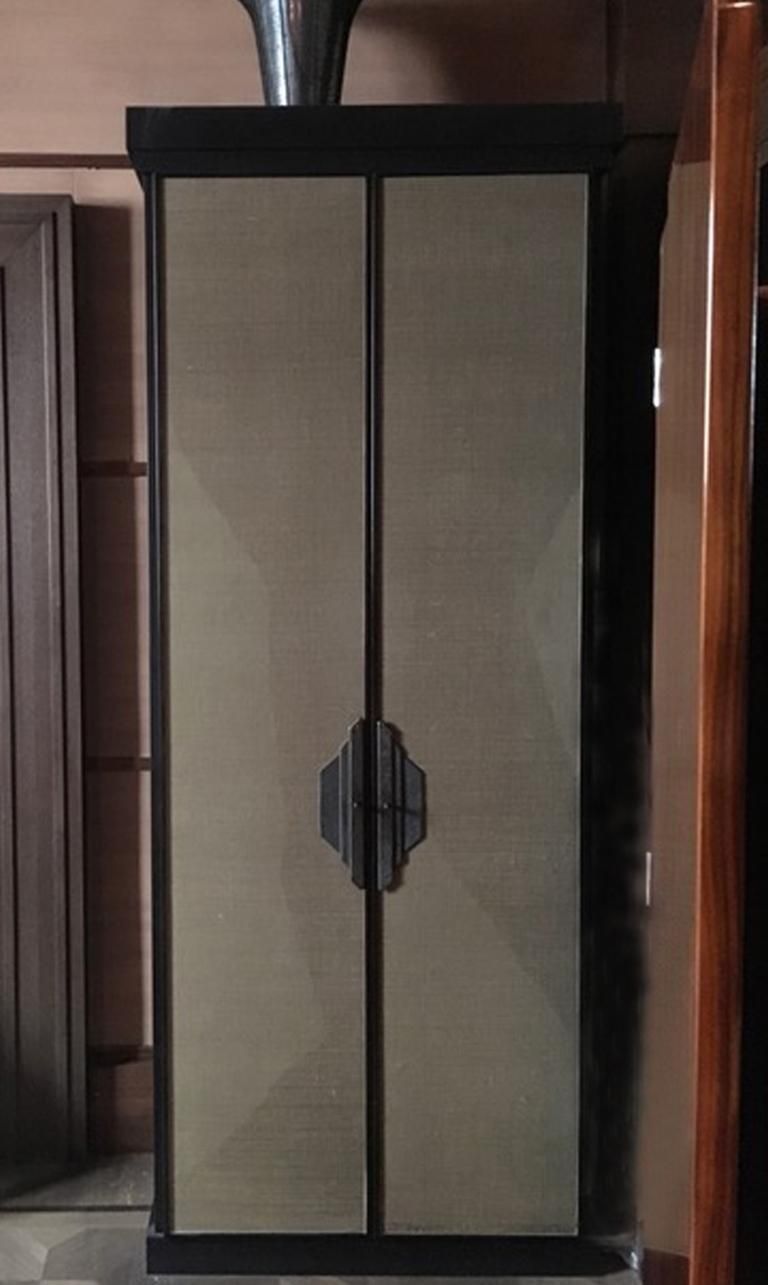 Italy Post Modern Dark Oak Wood Cabinet With Raffia Panels And Bronze Handles photo furniture