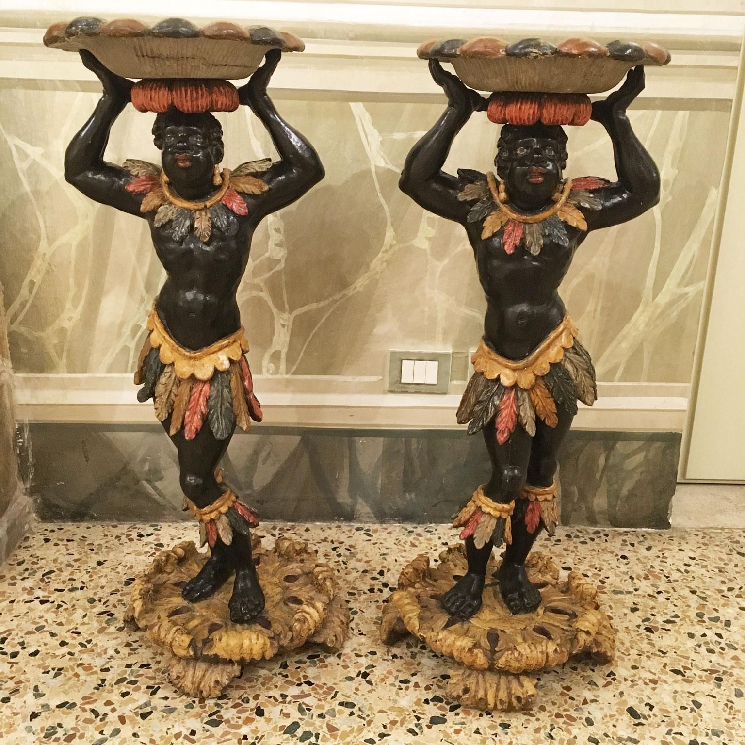 1750 Venezia Black Lacquered Wooden Engraved Figures Vases Holders Side Tables photo furniture