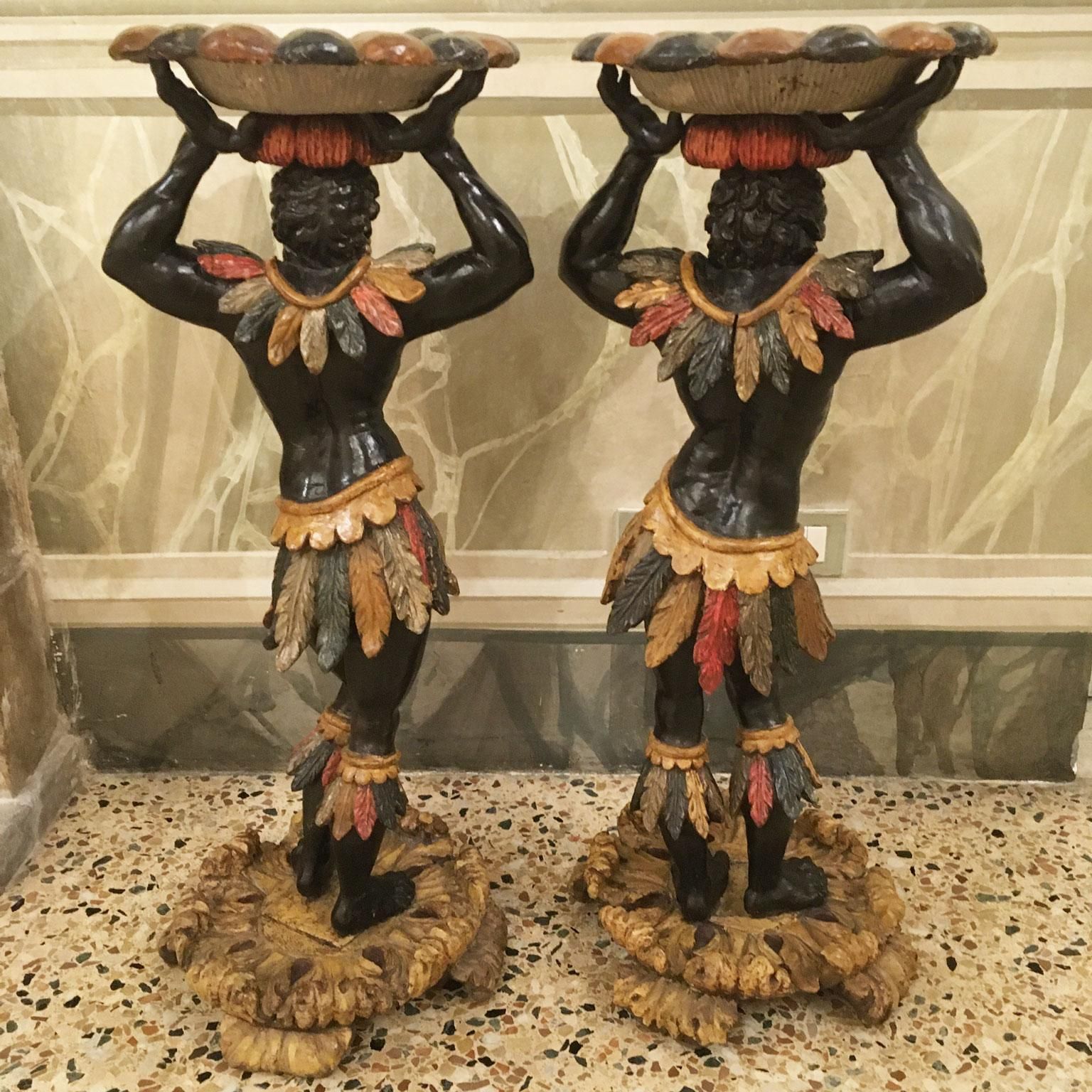 Furniture 1750 Venezia Black Lacquered Wooden Engraved Figures Vases Holders Side Tables photo