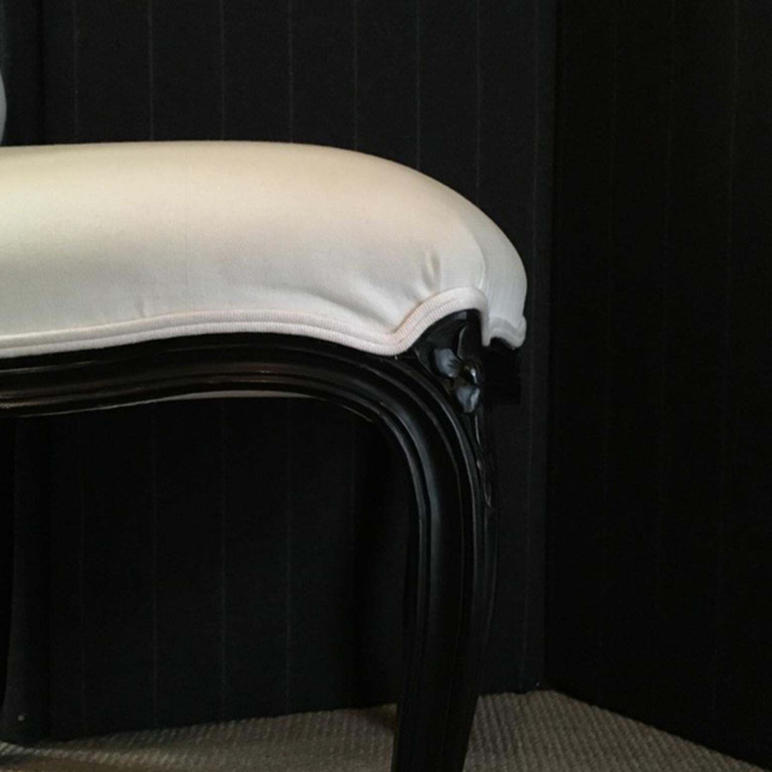 French Provincial Lacquered Black Wood Dining Chair Upholstered Red And White photo buy