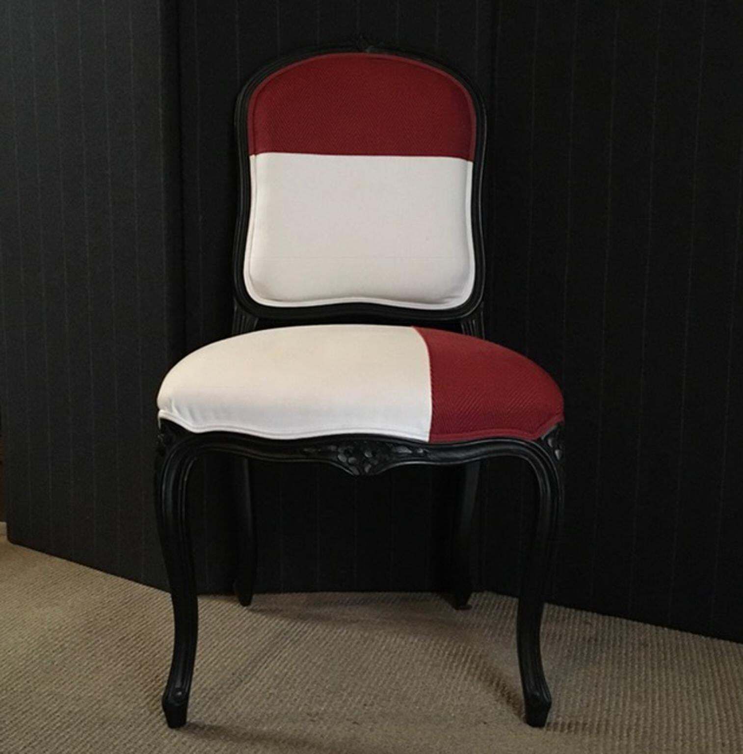 French Provincial Lacquered Black Wood Dining Chair Upholstered Red And White photo vintage