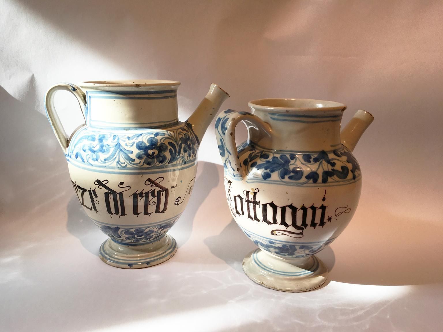 Italy Mid 18th Century Pair Of Ceramic Carafes In White And Blue For Pharmacy photo for sale