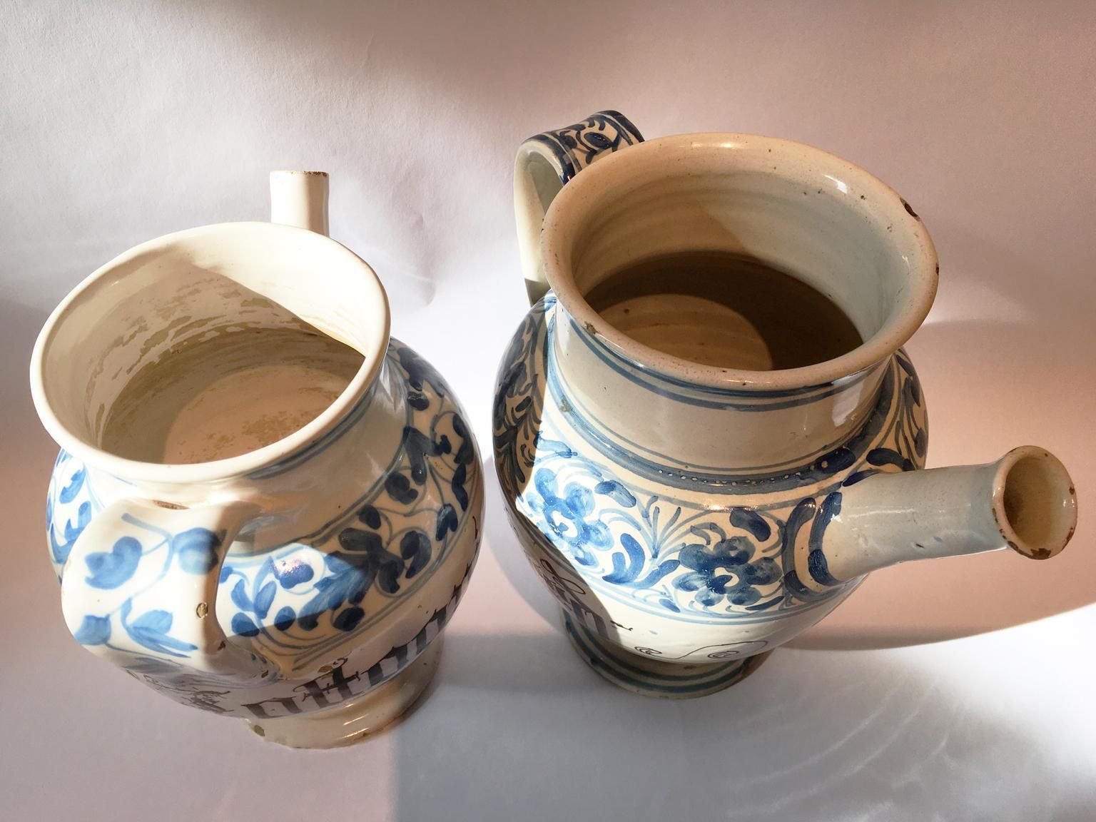 Home Decor Italy Mid 18th Century Pair Of Ceramic Carafes In White And Blue For Pharmacy photo