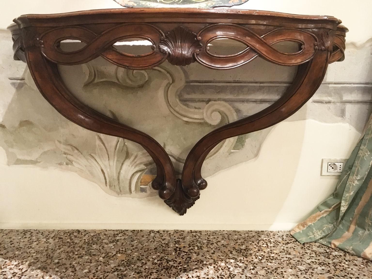 1750 Venezia Italy Walnut Solid Carved Hanging Console With Figure Eight Motifs photo for sale
