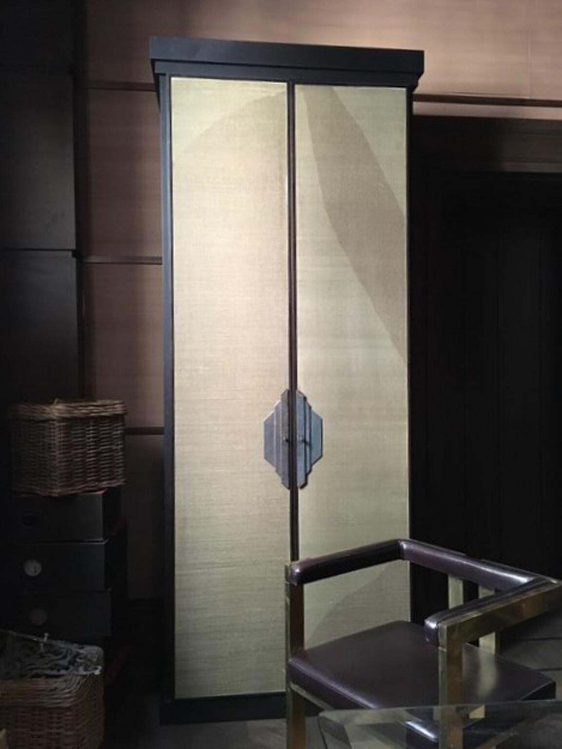 Italy Postmodern Dark Oak Cabinet With Raffia Panels And Bronze Handles photo furniture